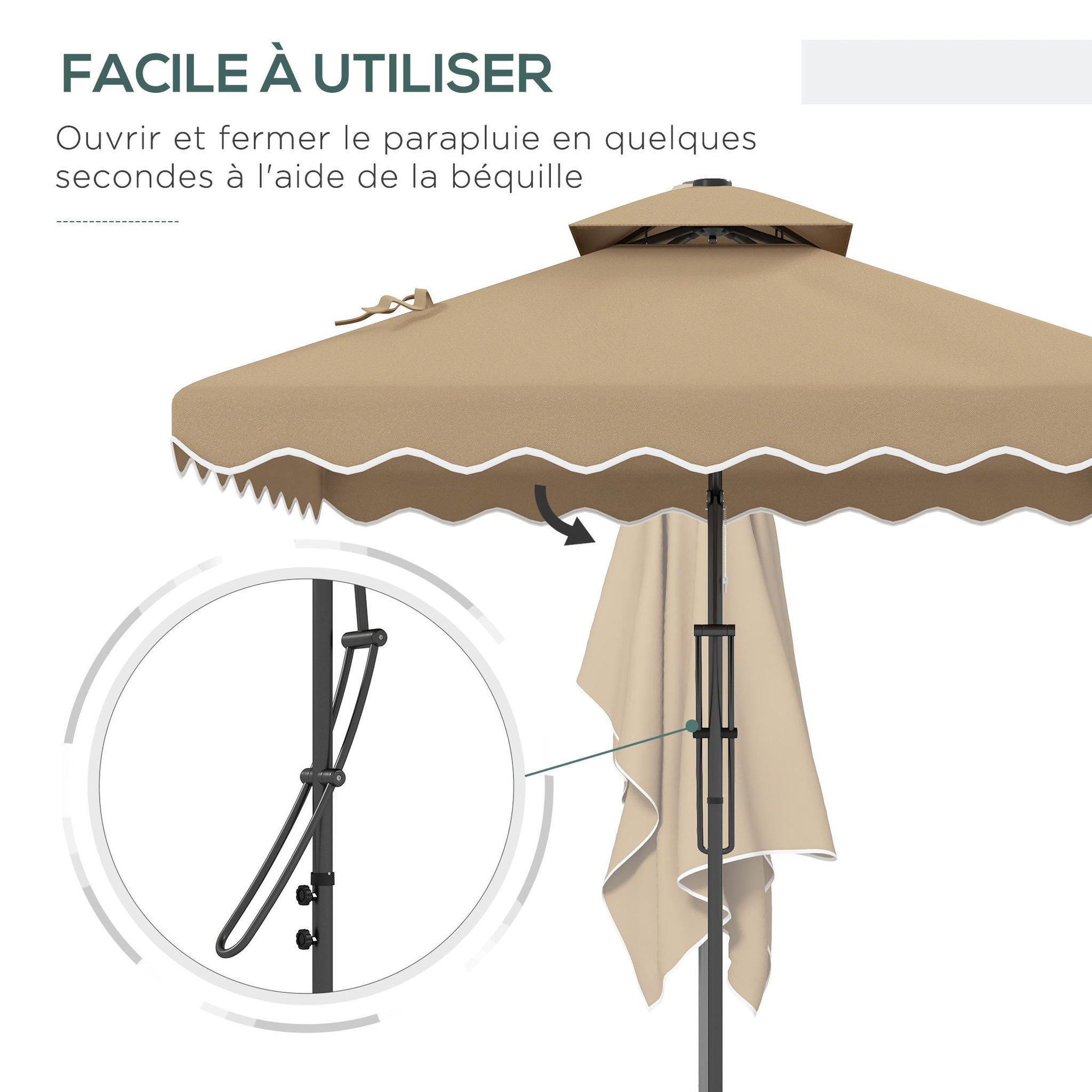 Voir la diapositive 3 : OUTSUNNY Parasol déporté carré pied en croix double toit lambrequin vague douce kaki