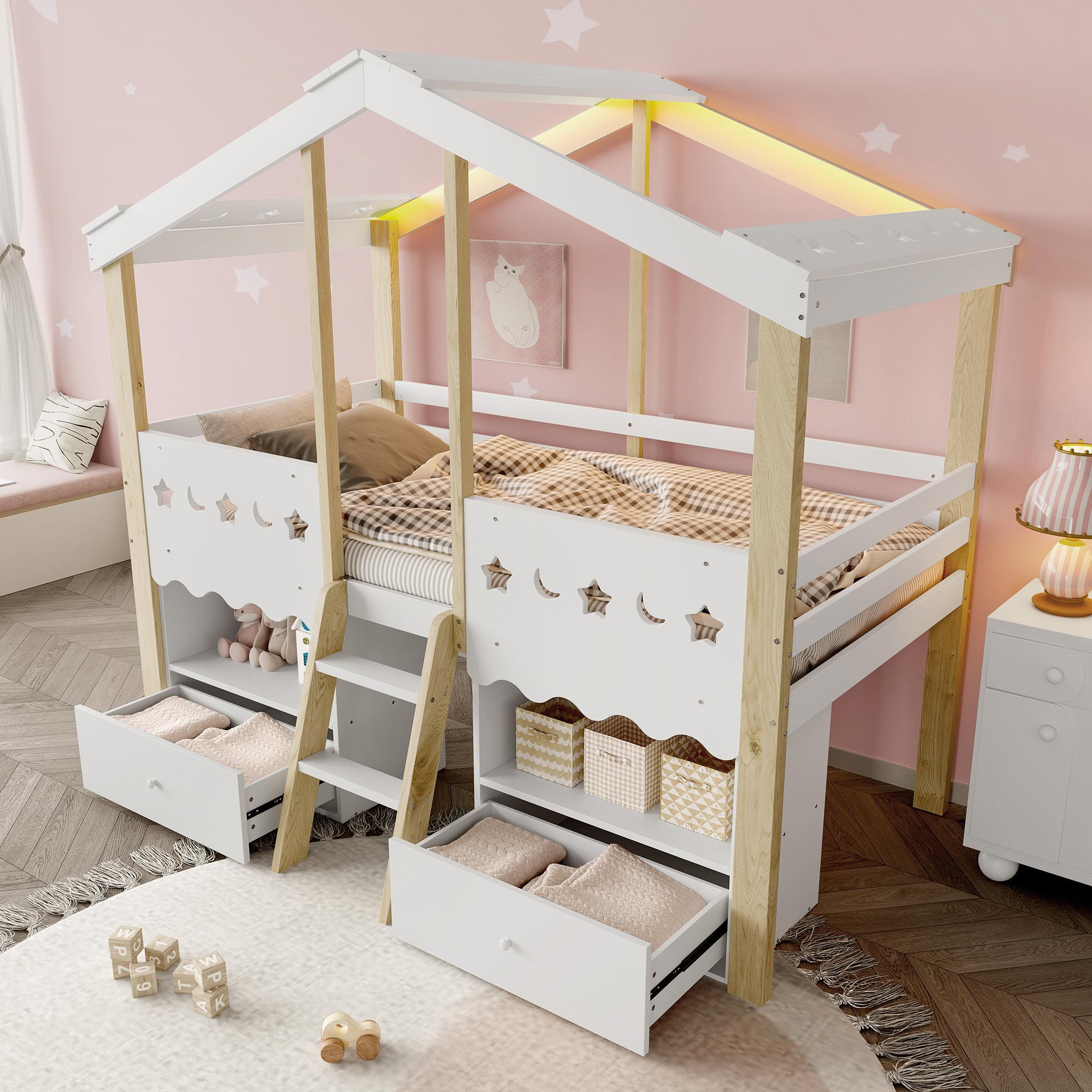 Voir la diapositive 5 : MERAX Lit enfant mi hauteur 90x200cm coloris naturel+blanc led bois massif