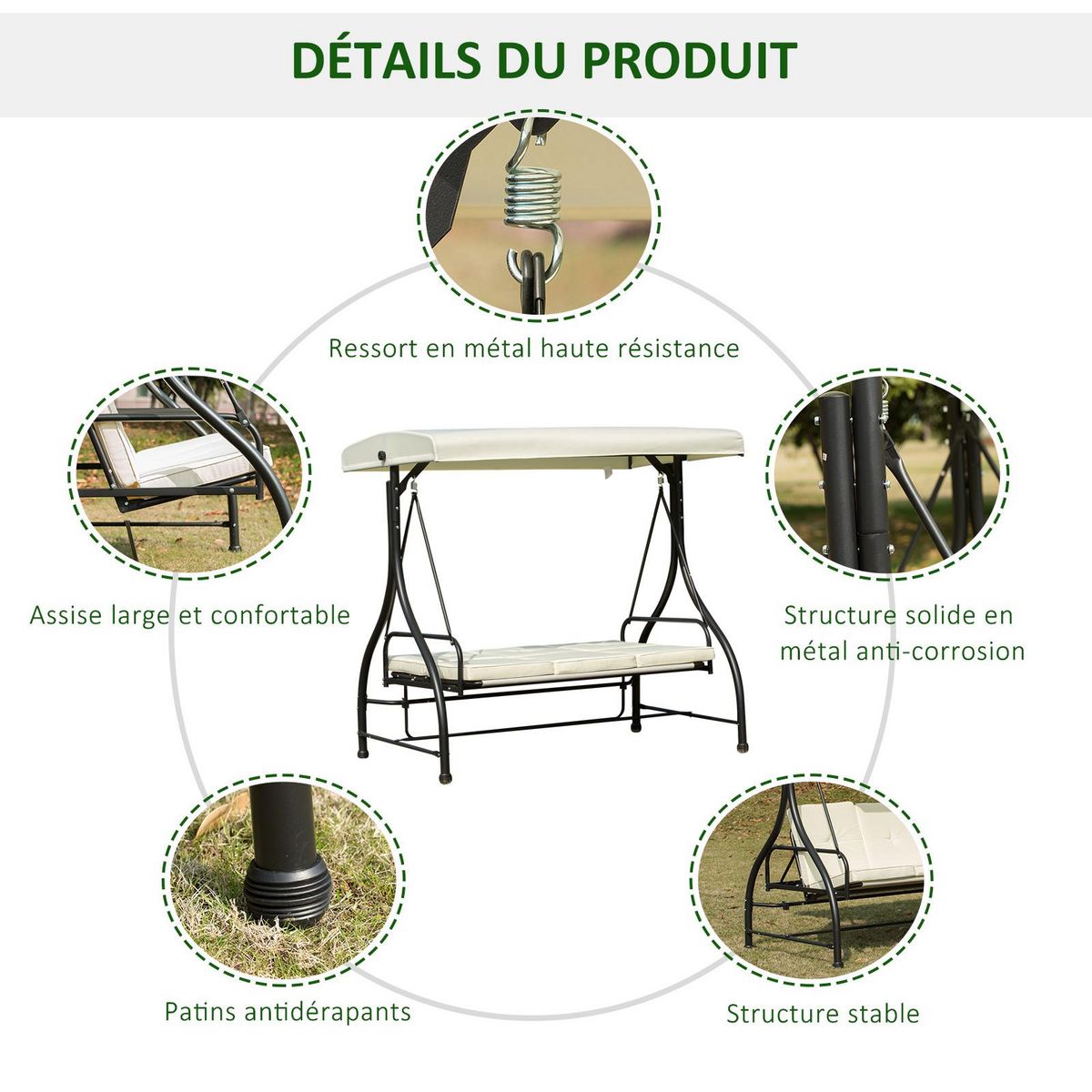 OUTSUNNY Balancelle de jardin 3 places convertible inclinaison toit réglable matelas grand confort rembourrage 8 cm fourni 1,96L x 1,17l x 1,78H m métal époxy noir crème