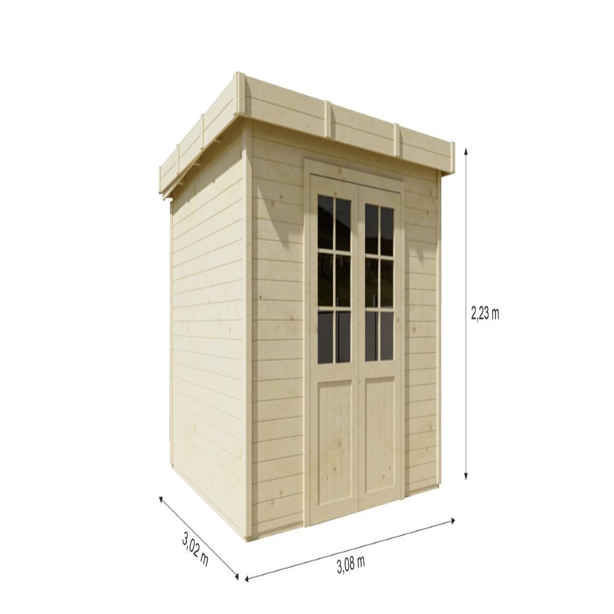 CENTRALE BRICO Abri de jardin bois massif 7,53 m² - madriers 28 mm - toit plat bac acier - double porte vitrée sécurisée