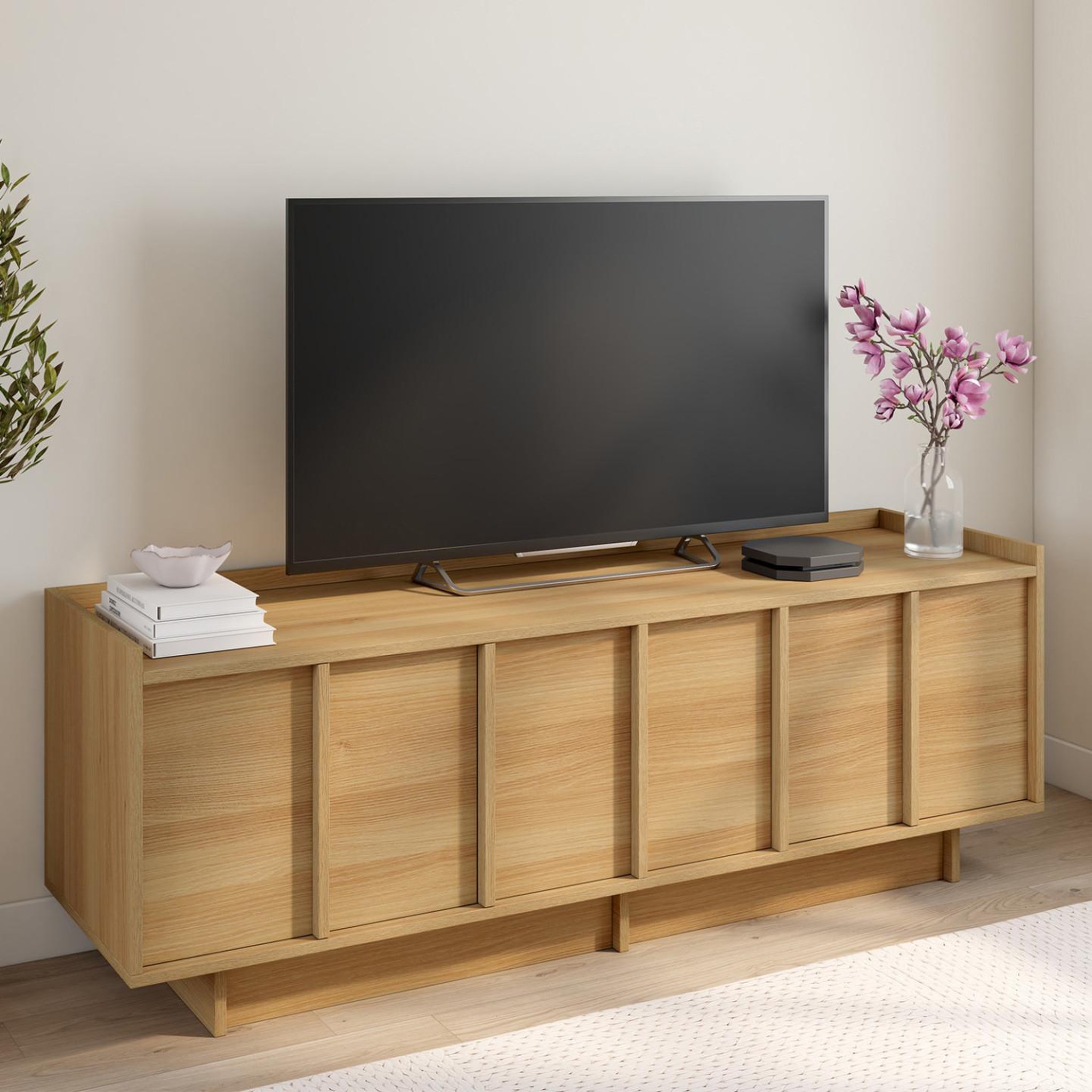 Voir la diapositive 2 : ID MARKET Meuble tv 140 cm rosie 3 portes façon hêtre design minimaliste