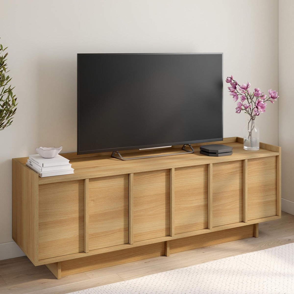 ID MARKET Meuble TV 140 cm ROSIE 3 portes façon hêtre design minimaliste