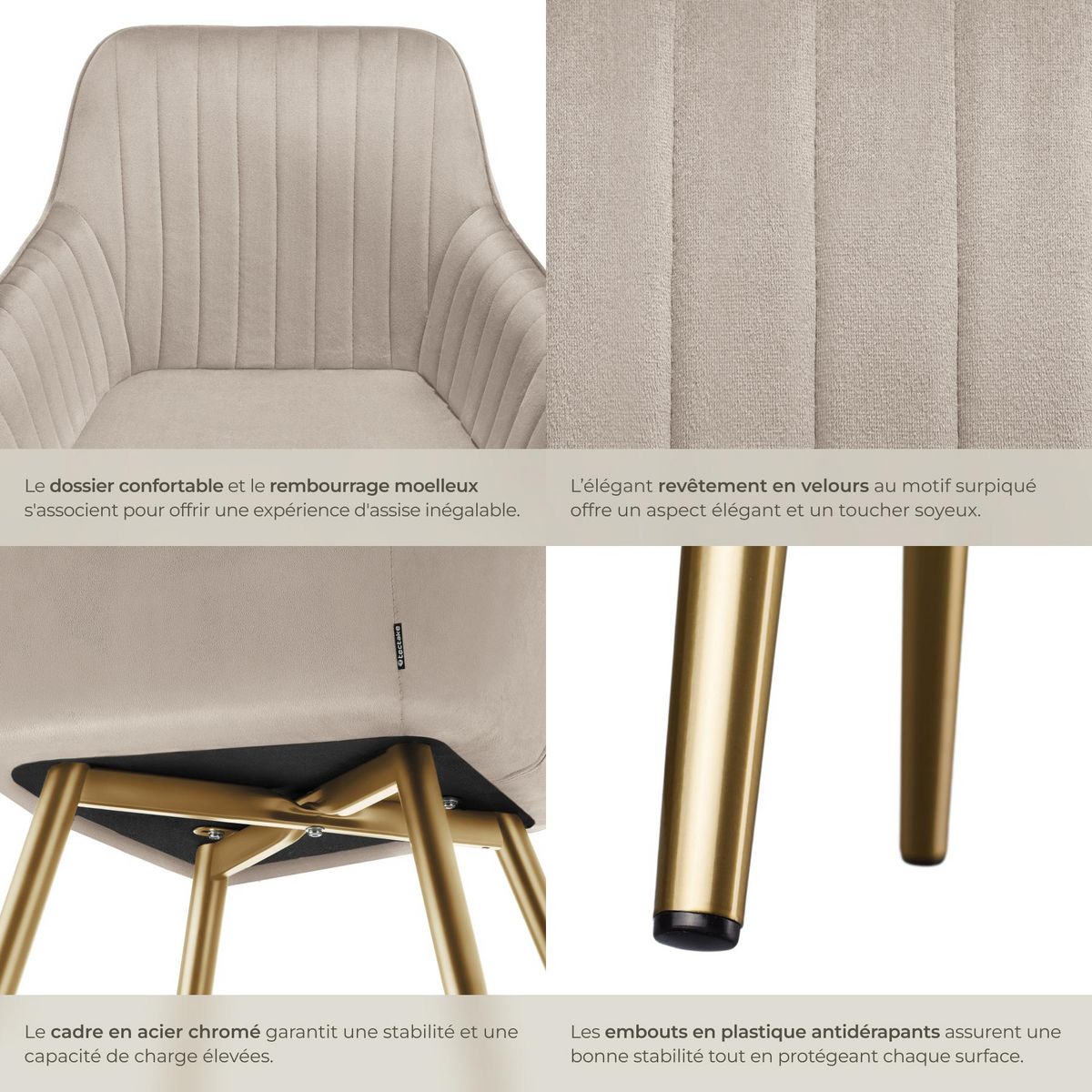 tectake Chaise de salle à manger en velours matelassé et rembourré taupe/or Lot de 2