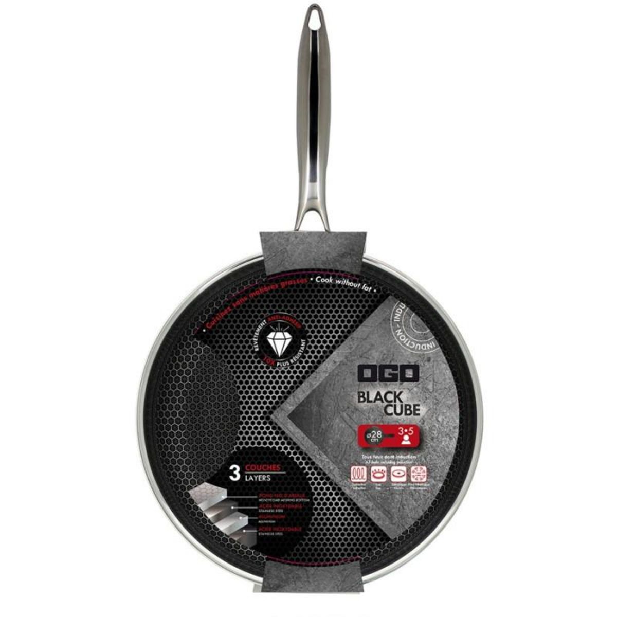 Ogo Poele sauteuse Ogo WOK BLACK CUBE 28 CM EN ACIER INOXYDABLE FOND NID D ABEILLE TOUS FEUX DONT INDUCTION