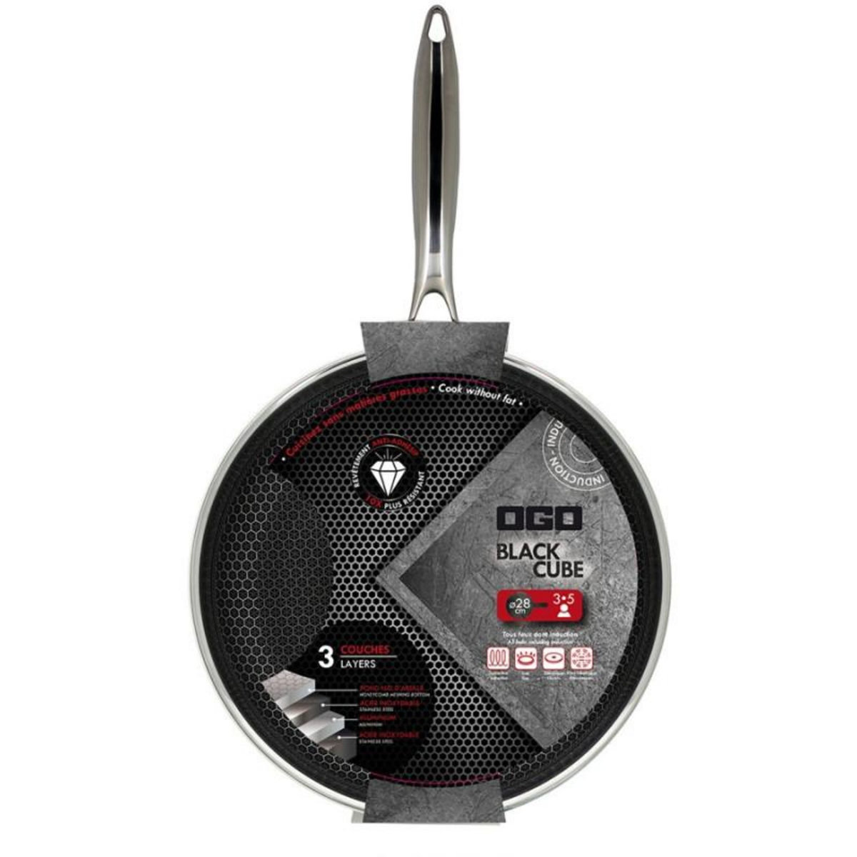 Ogo Poele sauteuse Ogo WOK BLACK CUBE 28 CM EN ACIER INOXYDABLE FOND NID D ABEILLE TOUS FEUX DONT INDUCTION