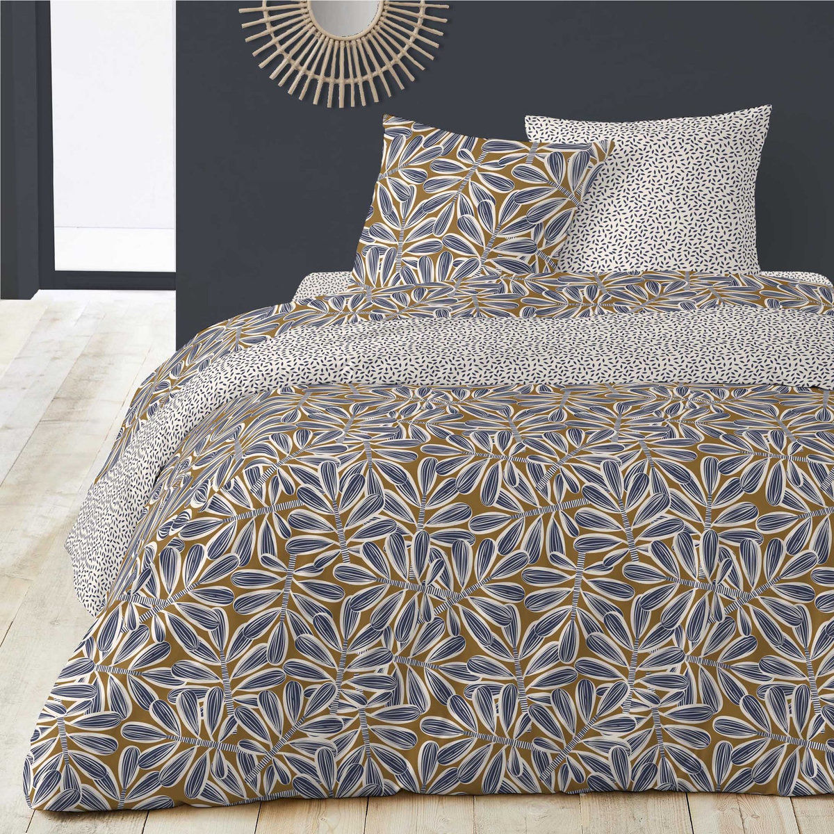 Parure housse de couette en coton motif feuille ELISA
