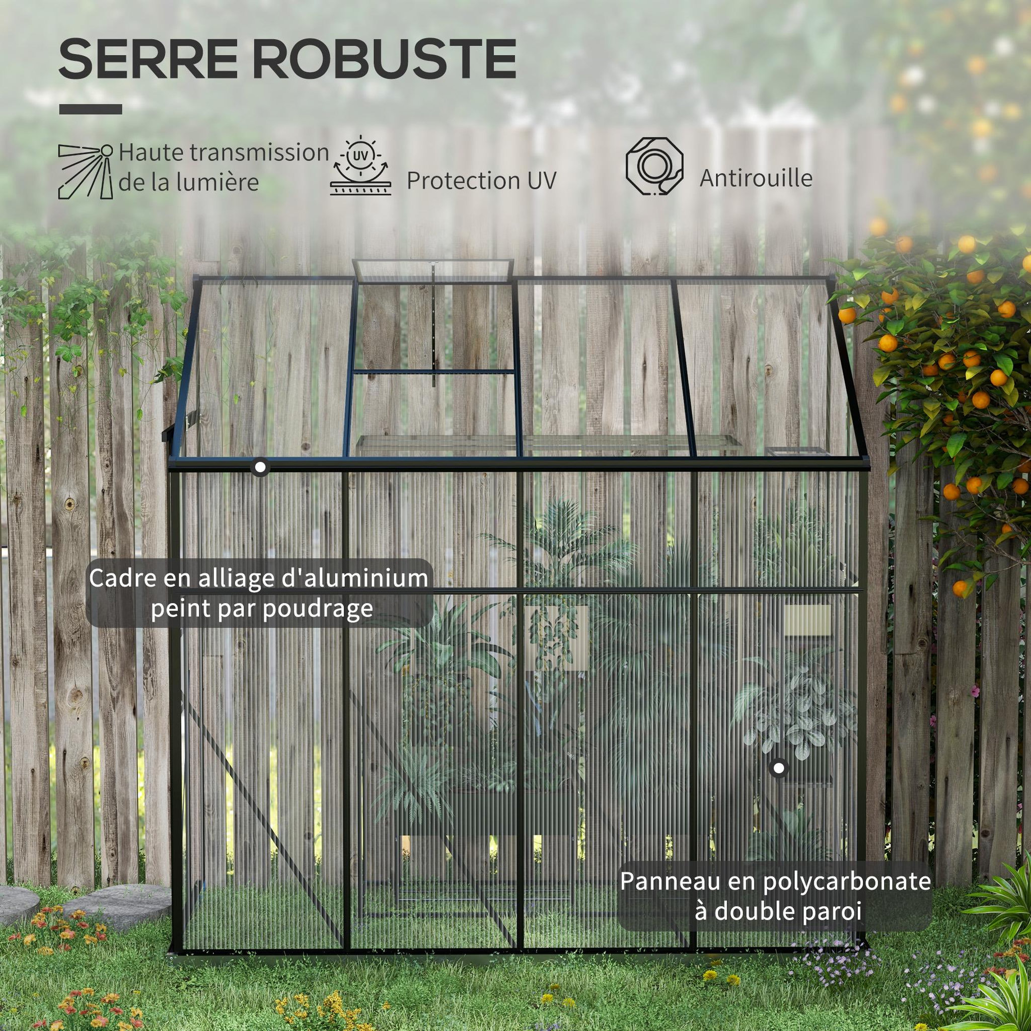 Voir la diapositive 3 : OUTSUNNY Serre de jardin adossée serre adossée dim. 2,53L x 1,27l x 2,4H m fondation porte coulissante lucarne alu polycarbonate noir