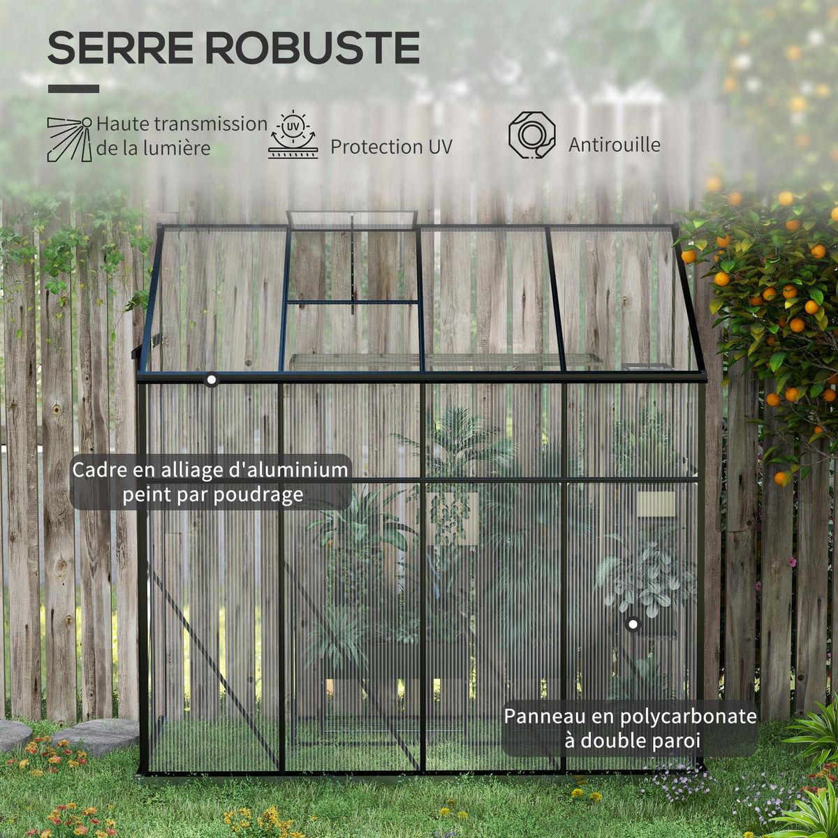 OUTSUNNY Serre de jardin adossée serre adossée dim. 2,53L x 1,27l x 2,4H m fondation porte coulissante lucarne alu polycarbonate noir