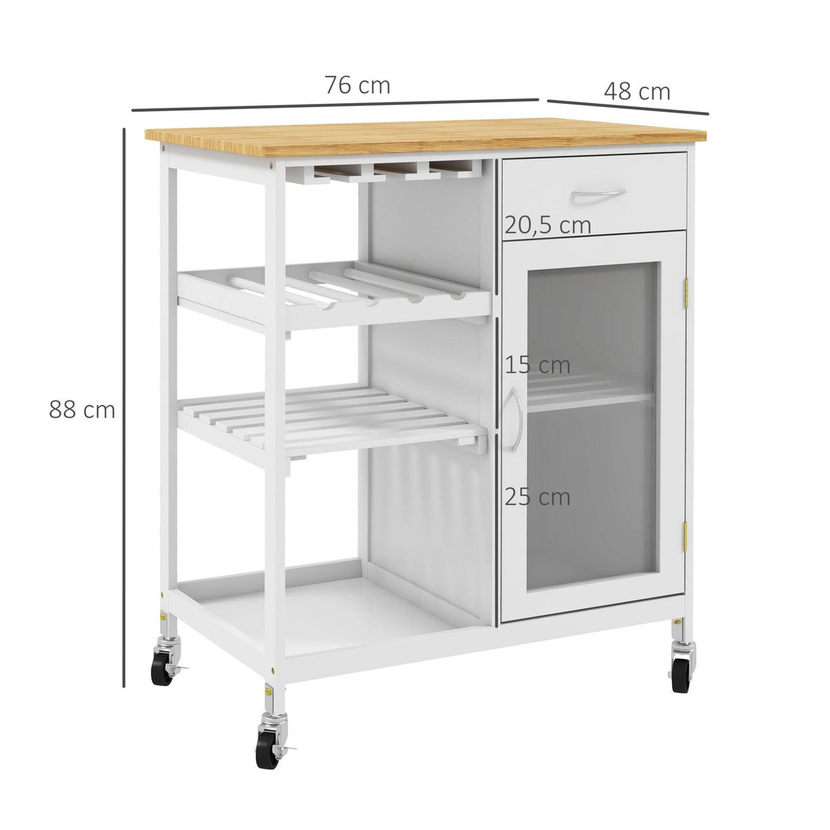 HOMCOM Desserte de cuisine multi-rangement - porte acrylique poignées métal MDF blanc aspect bambou