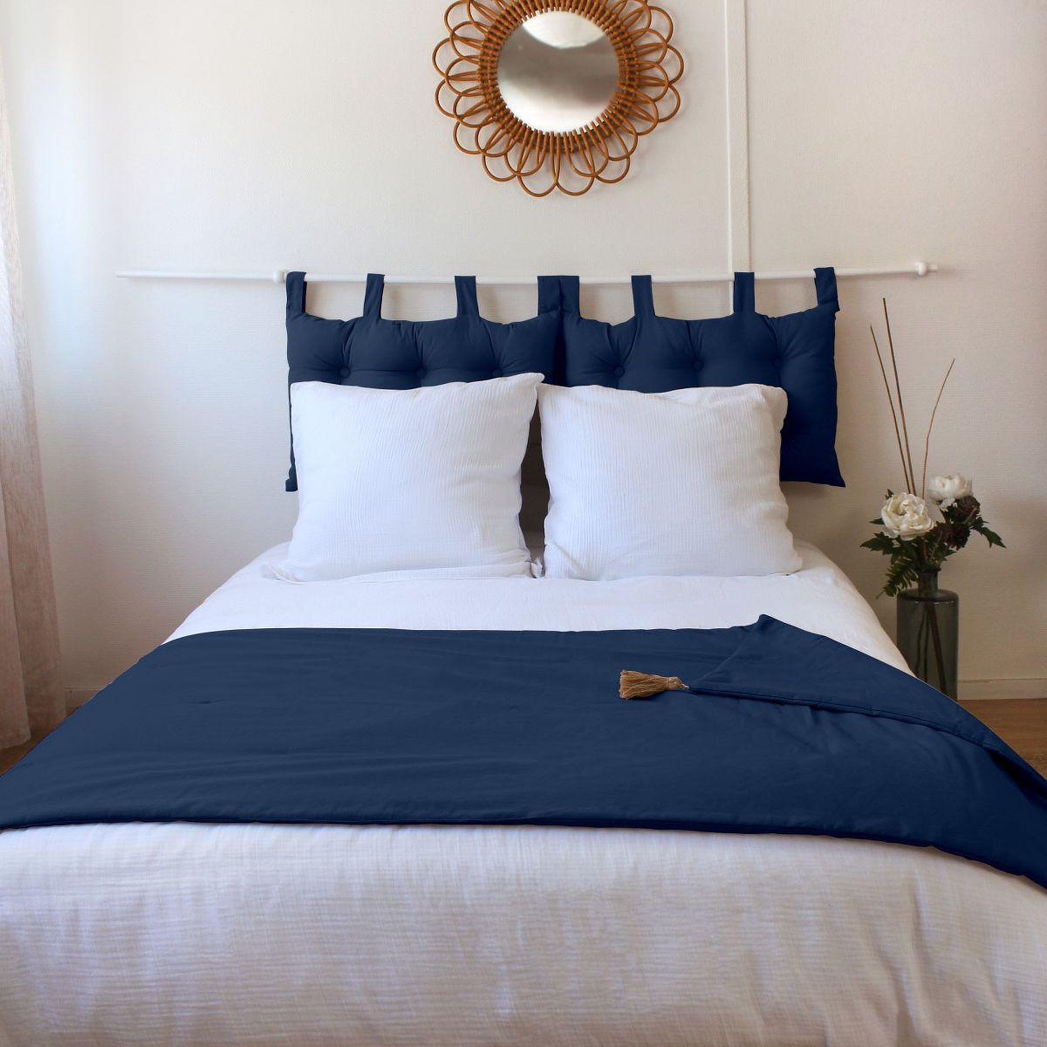 ENJOY HOME Edredon uni à pompons  panama  90x190cm bleu marine