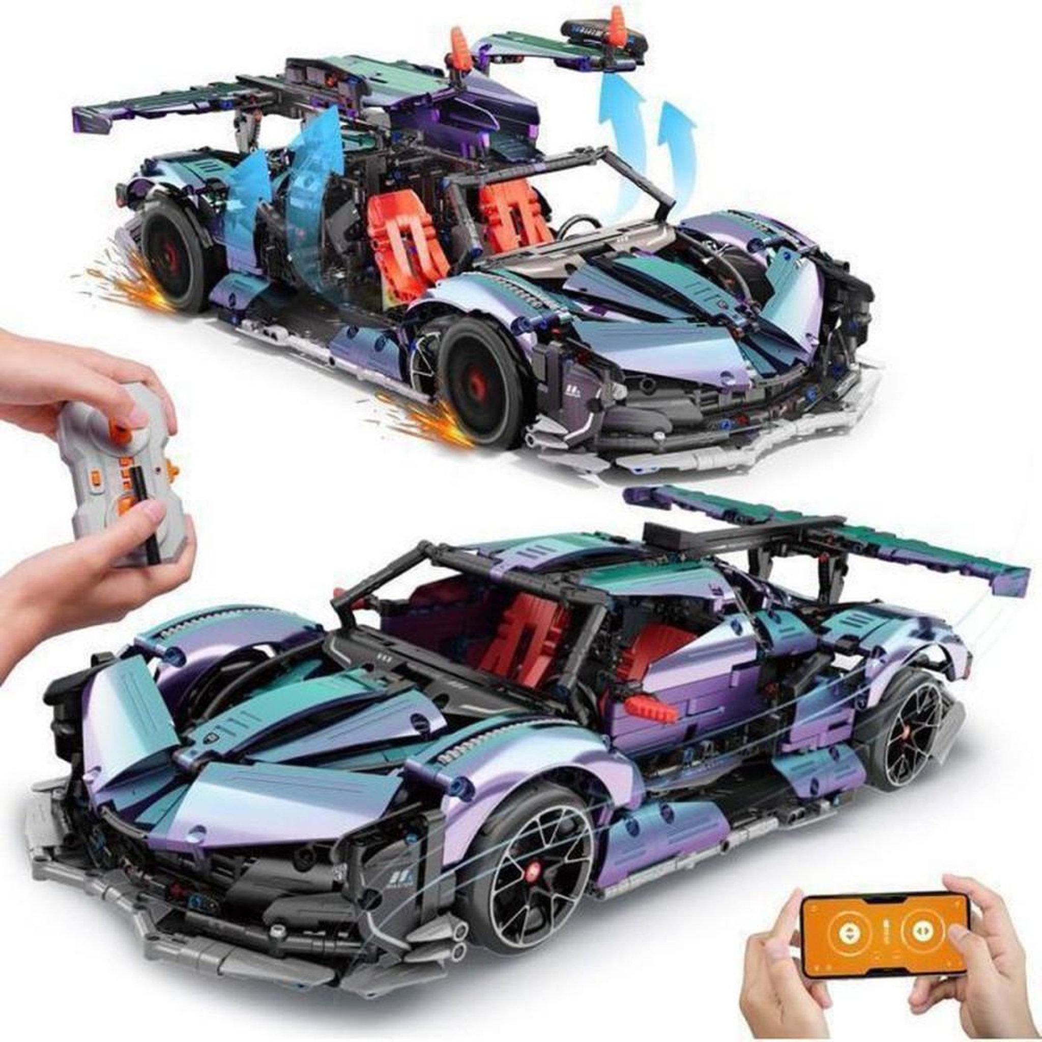 Voiture de course Drift Racing RC Technic 1:10, 2 443 pièces ABS, télécommande 2,4 GHz et application mobile, pneus quatre-roues motrices, suspensions arrière, effet de couleur