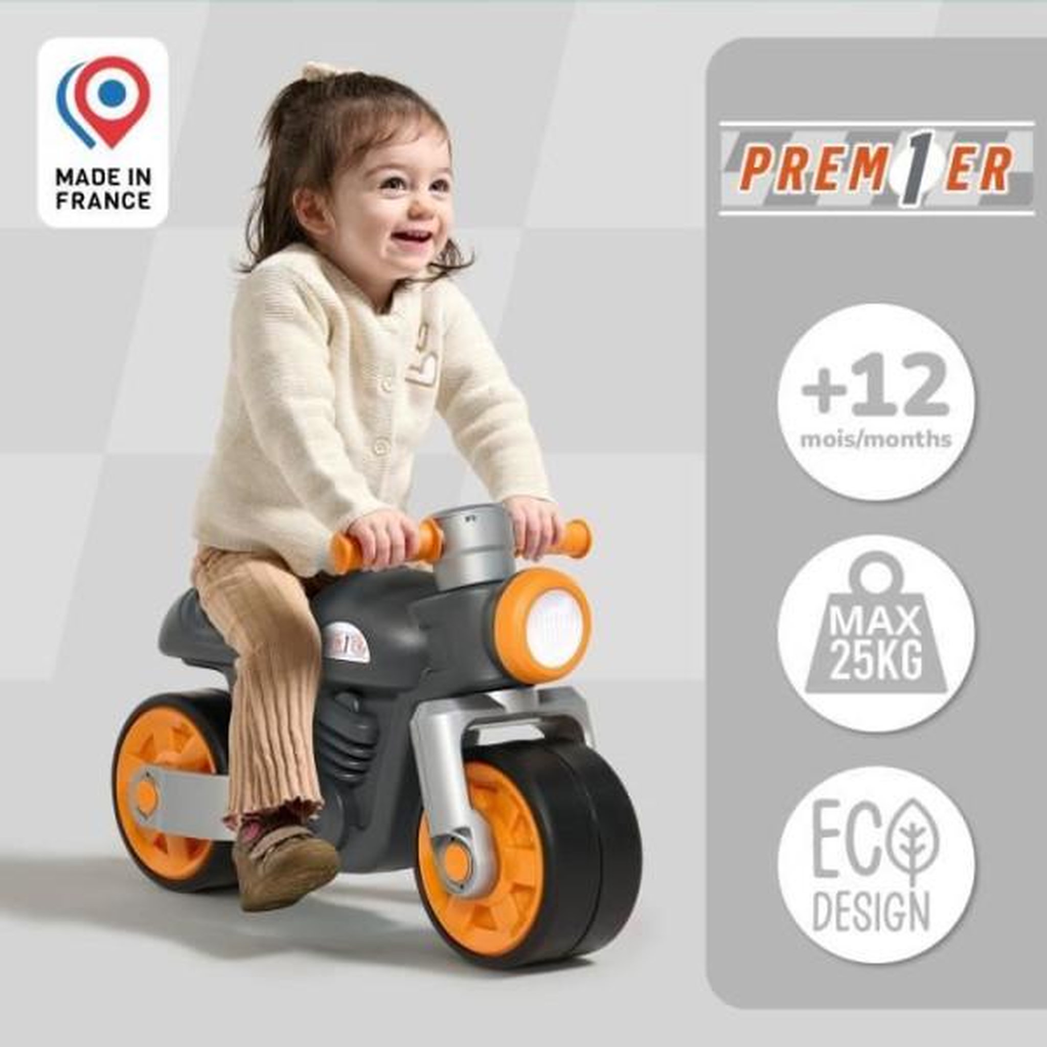 Voir la diapositive 3 : FALK Draisienne Velo  Moto Premier - FALK - Avec roues silencieuses - Gris - 75% Plastique Recyclé - 100% Fabriqué en France - Des 12 mo
