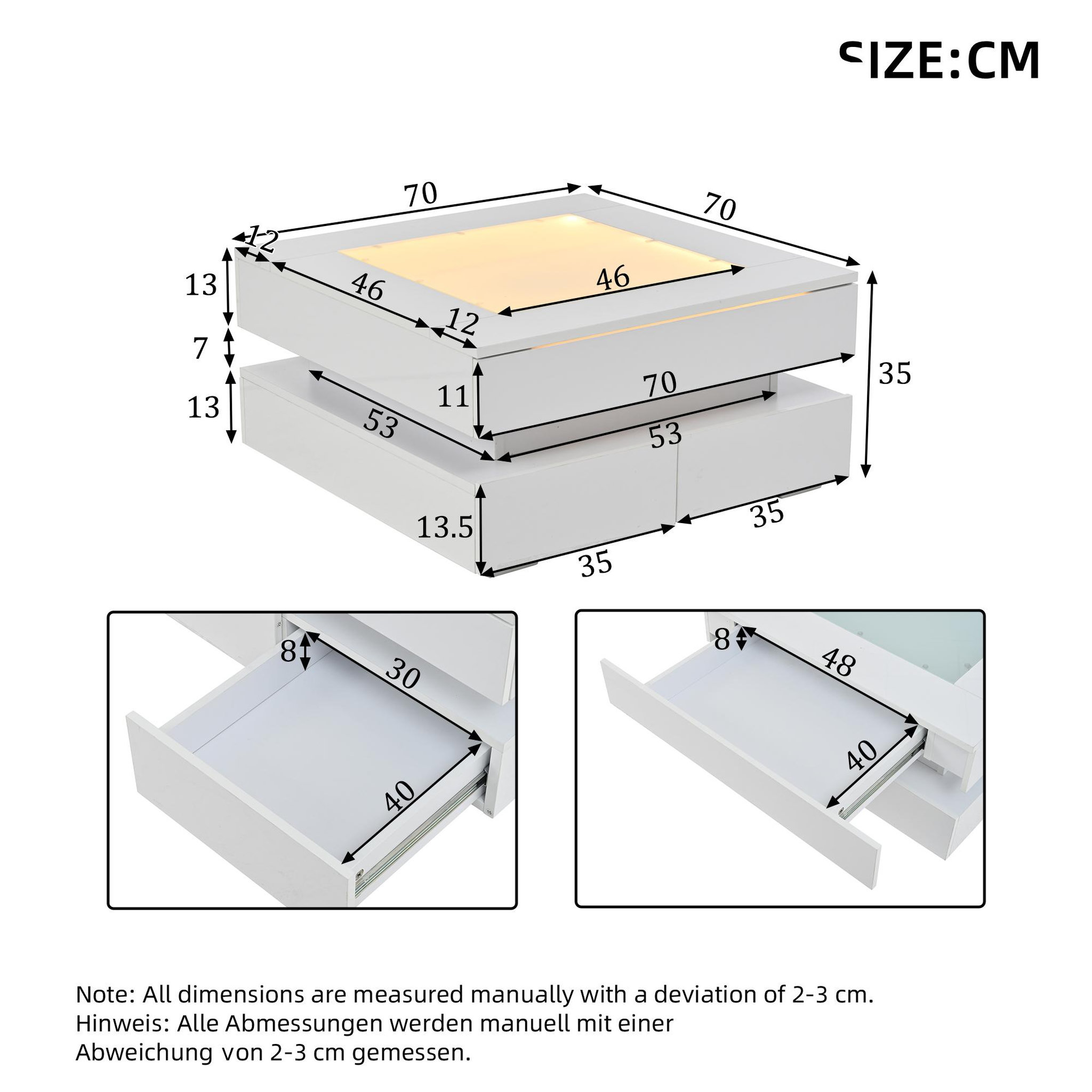 Voir la diapositive 3 : MERAX Table basse carrée blanc avec 3 tiroirs - 70x70 cm led panneau de particules