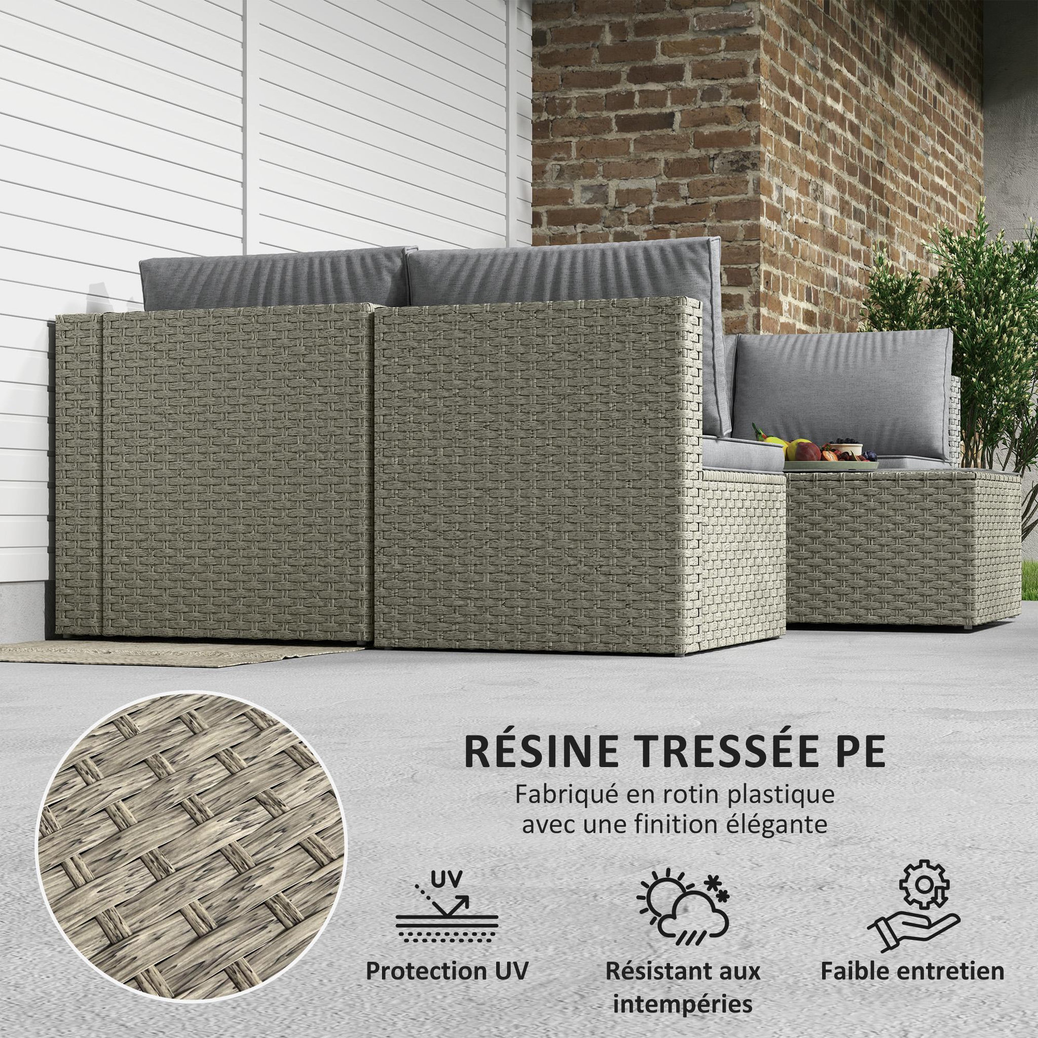 Voir la diapositive 5 : OUTSUNNY Ensemble salon de jardin modulable 6 personnes avec table basse résine tressée effet rotin gris