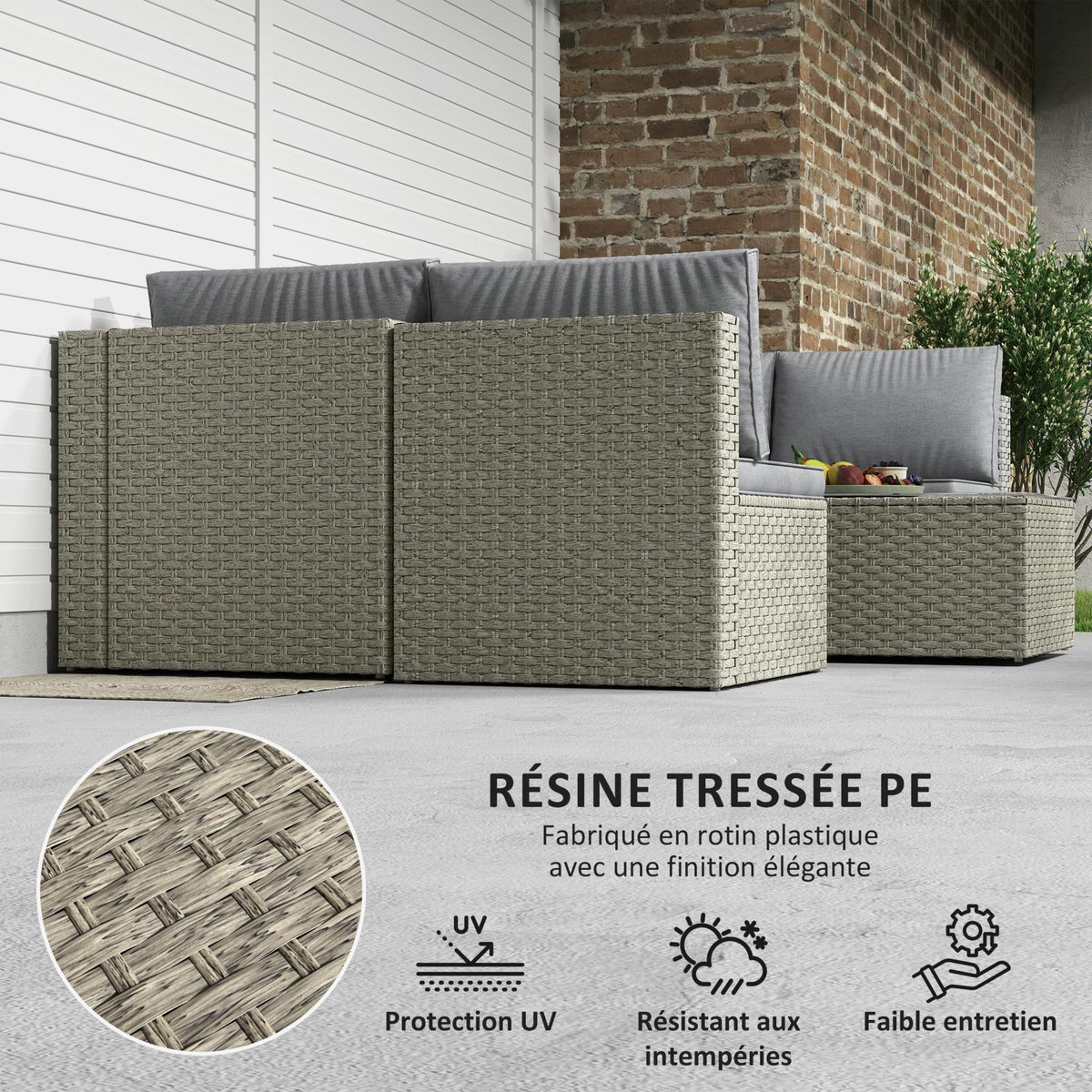 OUTSUNNY Ensemble salon de jardin modulable 6 personnes avec table basse résine tressée effet rotin gris