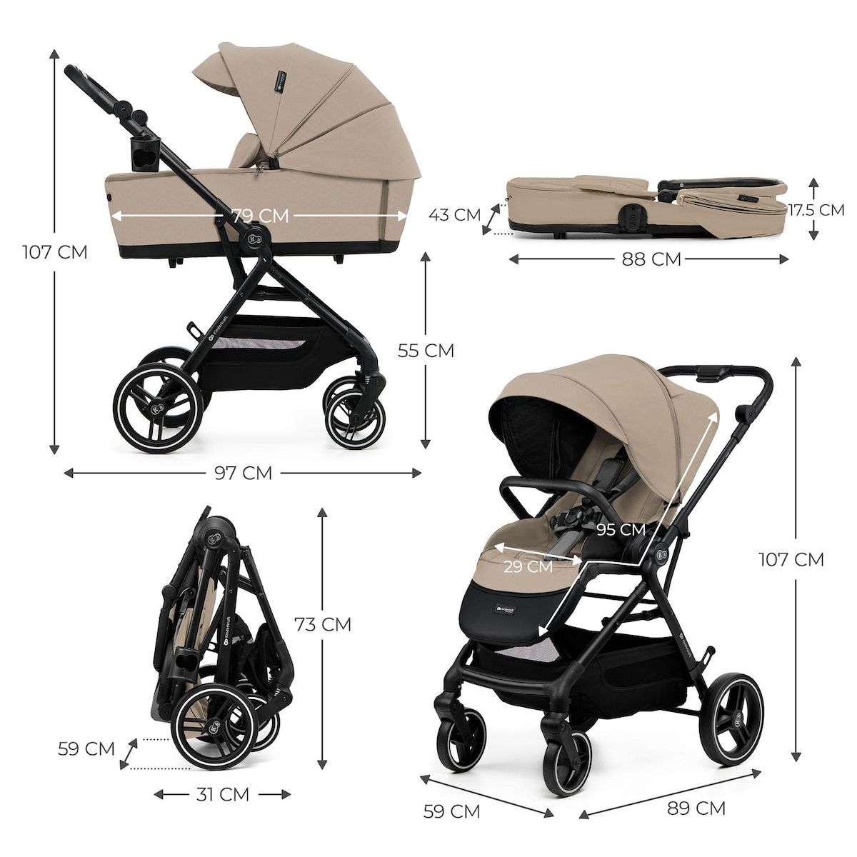 KINDERKRAFT Poussette 2 en 1 avec nacelle YOXI, roues anti-crevaison et accessoires