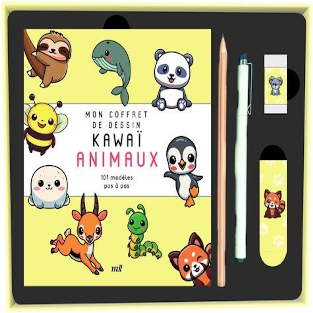 MON COFFRET DE DESSIN KAWAI - ANIMAUX. AVEC 1 LIVRE, 1 FEUTRE NOIR A POINTE FINE, 1 CRAYON, 1 GOMME ET 1 MARQUE-PAGES AIMANTE, Merci les livres