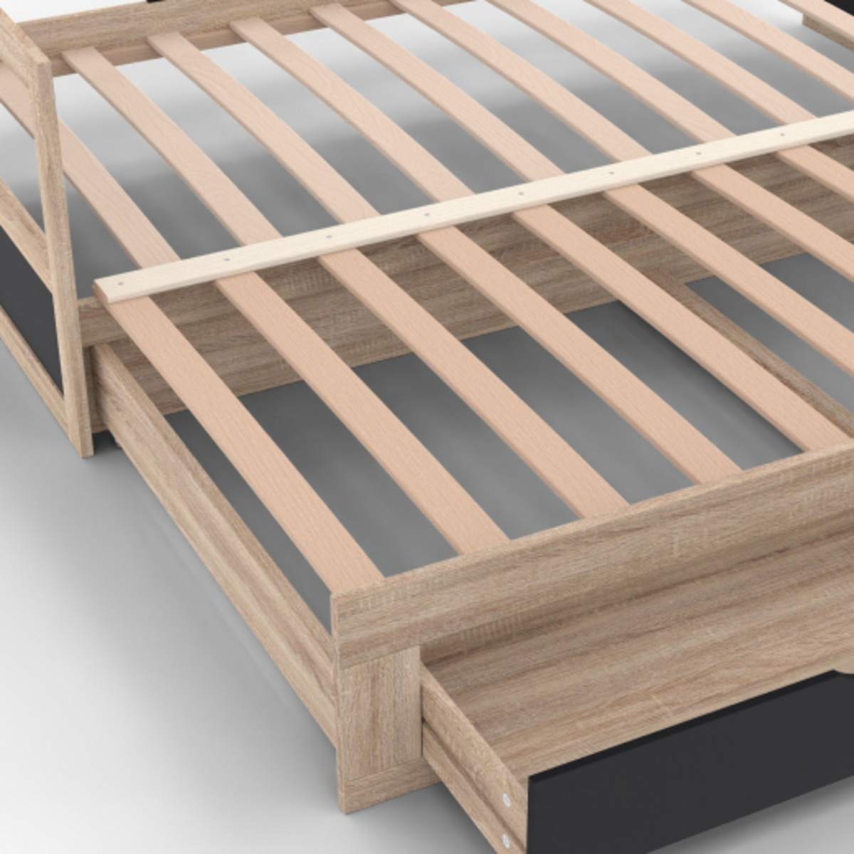 ID MARKET Lit banquette 90 x 190 cm ZOYA convertible 180 x 190 cm hêtre et noir avec 1 tiroir de rangement