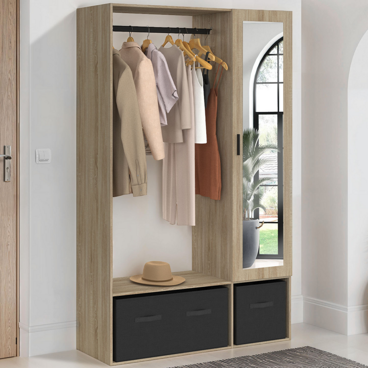 ID MARKET Dressing penderie BERENICE 105 x 40 x 172 cm hêtre avec étagères + boites de rangement noires + miroir