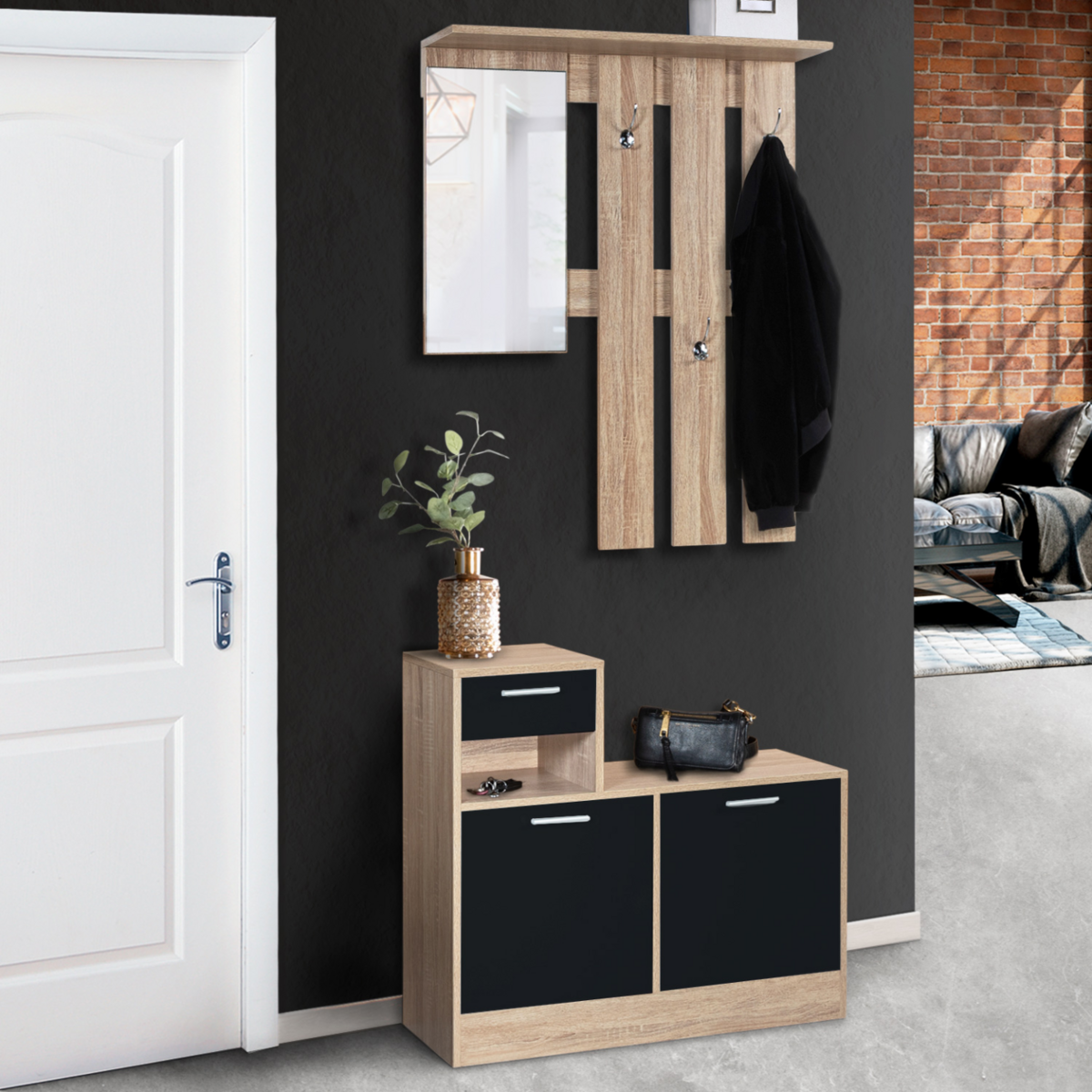 ID MARKET Vestiaire d'entrée avec miroir PAULIN design hêtre portes noires