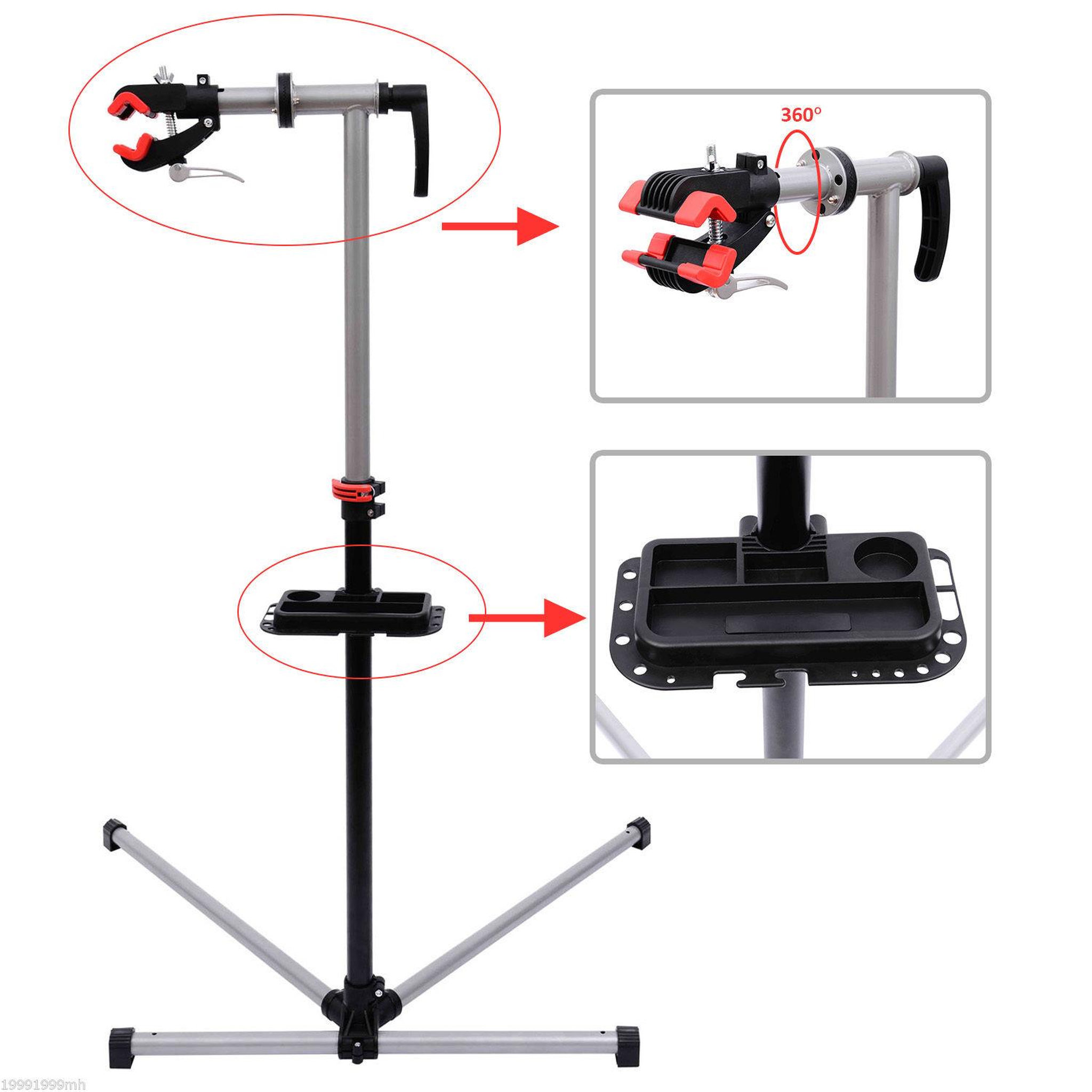 Voir la diapositive 4 : HOMCOM Pied d'atelier vélo réparation support pied de montage pivotant 360° hauteur réglable argent