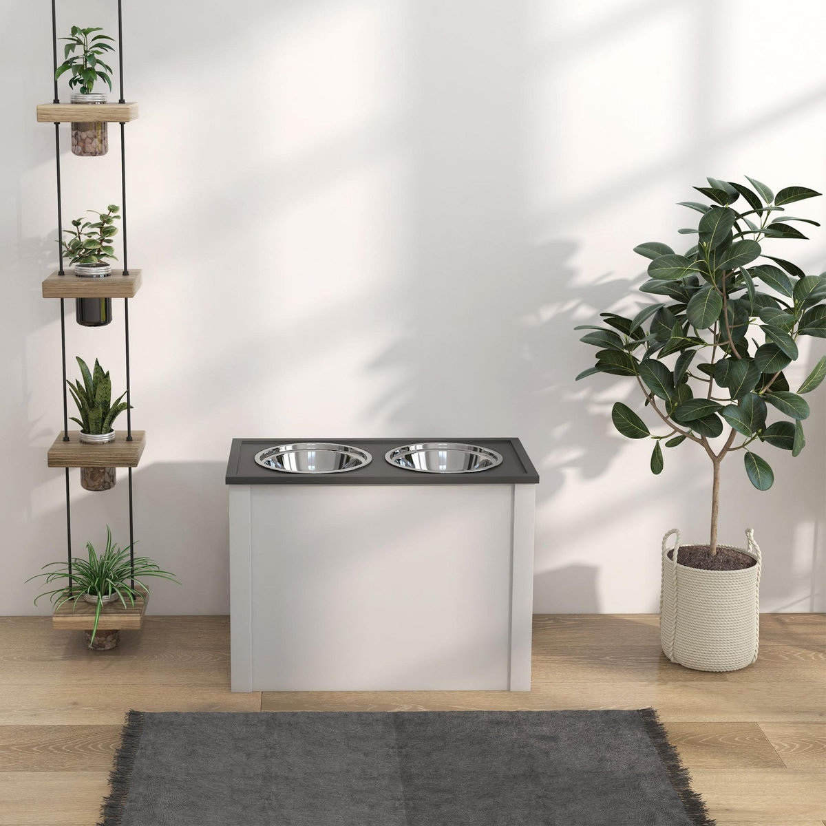 PAWHUT Gamelle double chien - porte-gamelles surélevé rangement 2 en 1 - tiroir, 2 gamelles - acier inox. MDF gris blanc