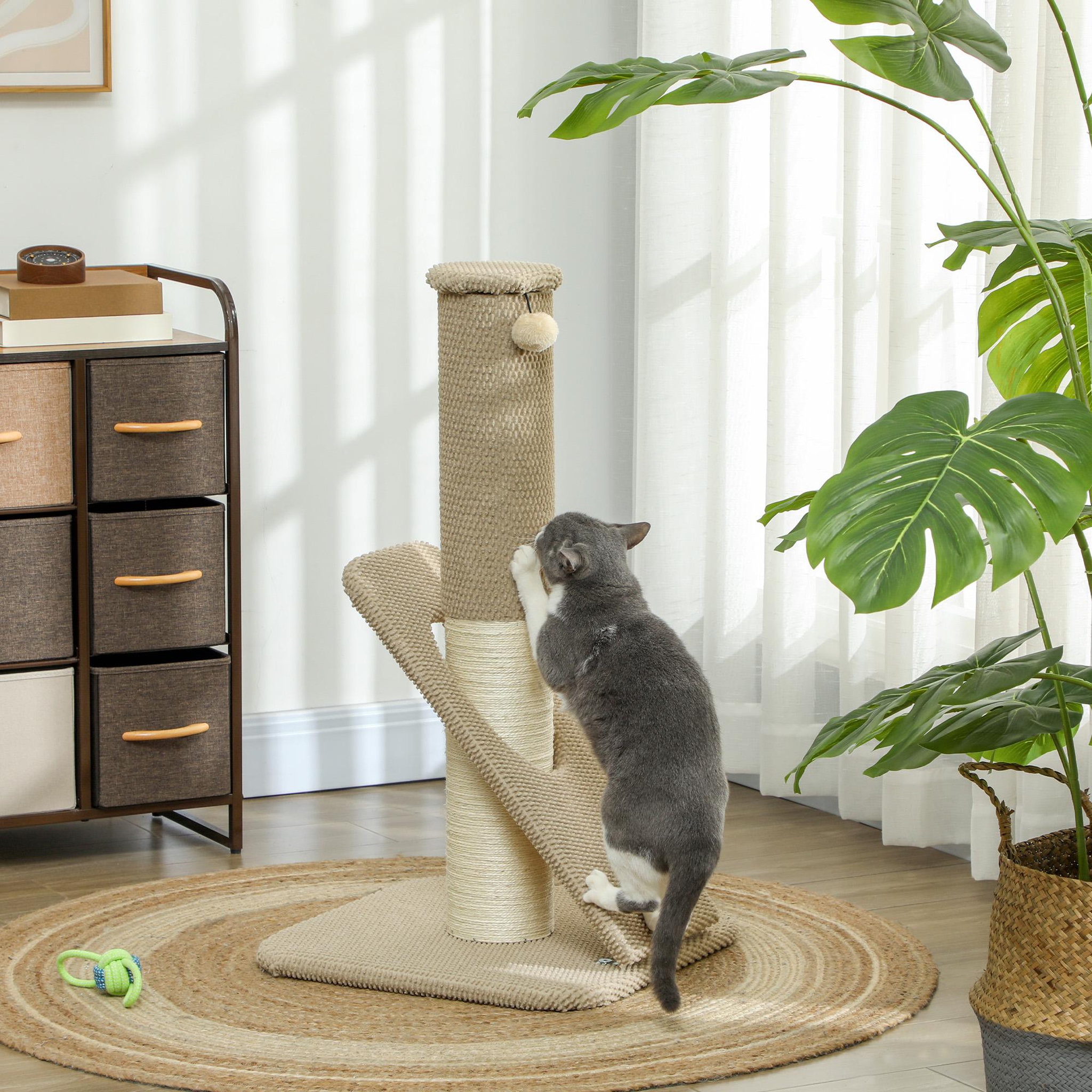 Voir la diapositive 2 : PAWHUT Griffoir chat taille M - Poteau à griffer H.84 cm, jeu boule - sisal naturel revêtement patchwork grain d'ananas beige