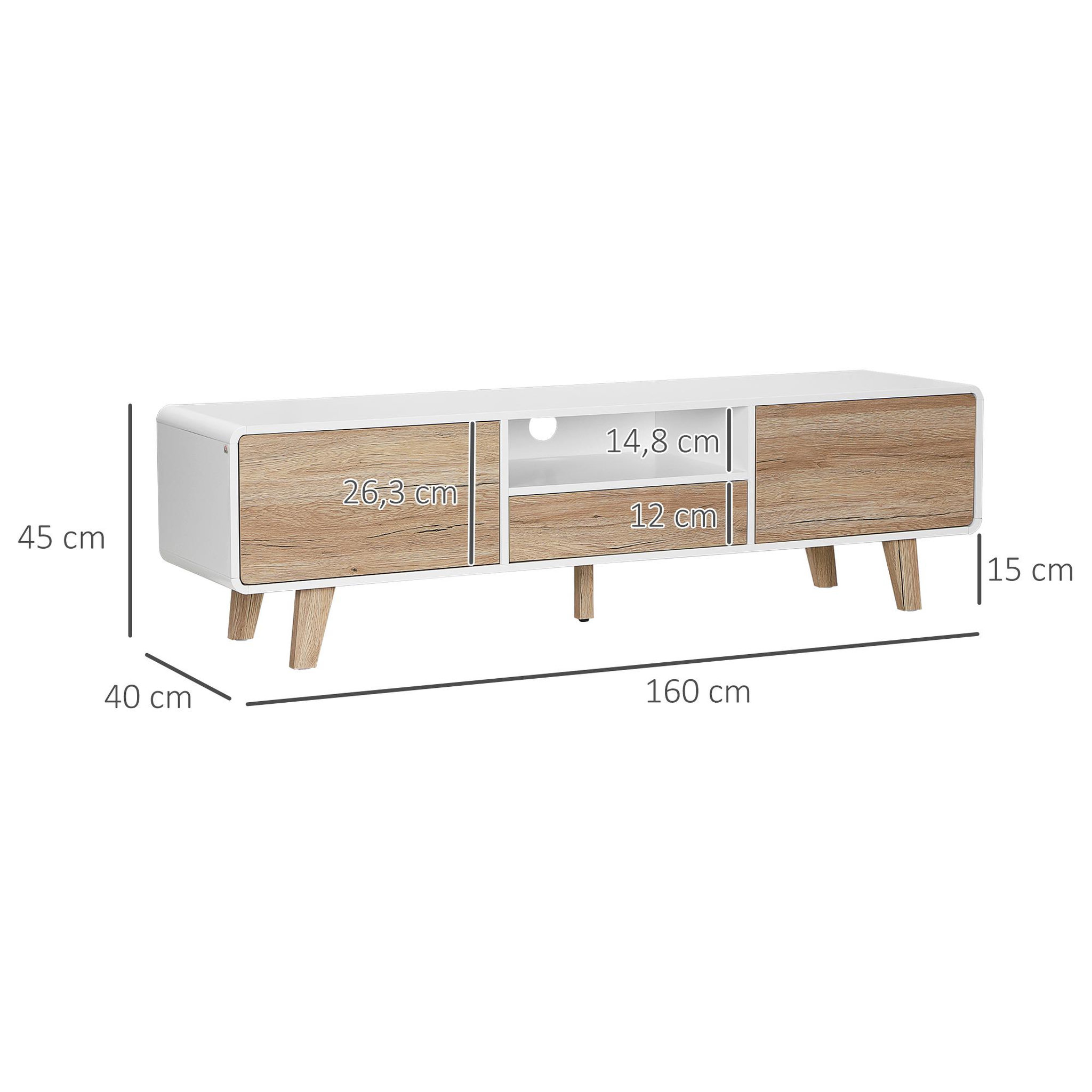 Voir la diapositive 3 : HOMCOM Meuble TV bas sur pied style scandinave 2 portes niche tiroir MDF blanc aspect chêne clair