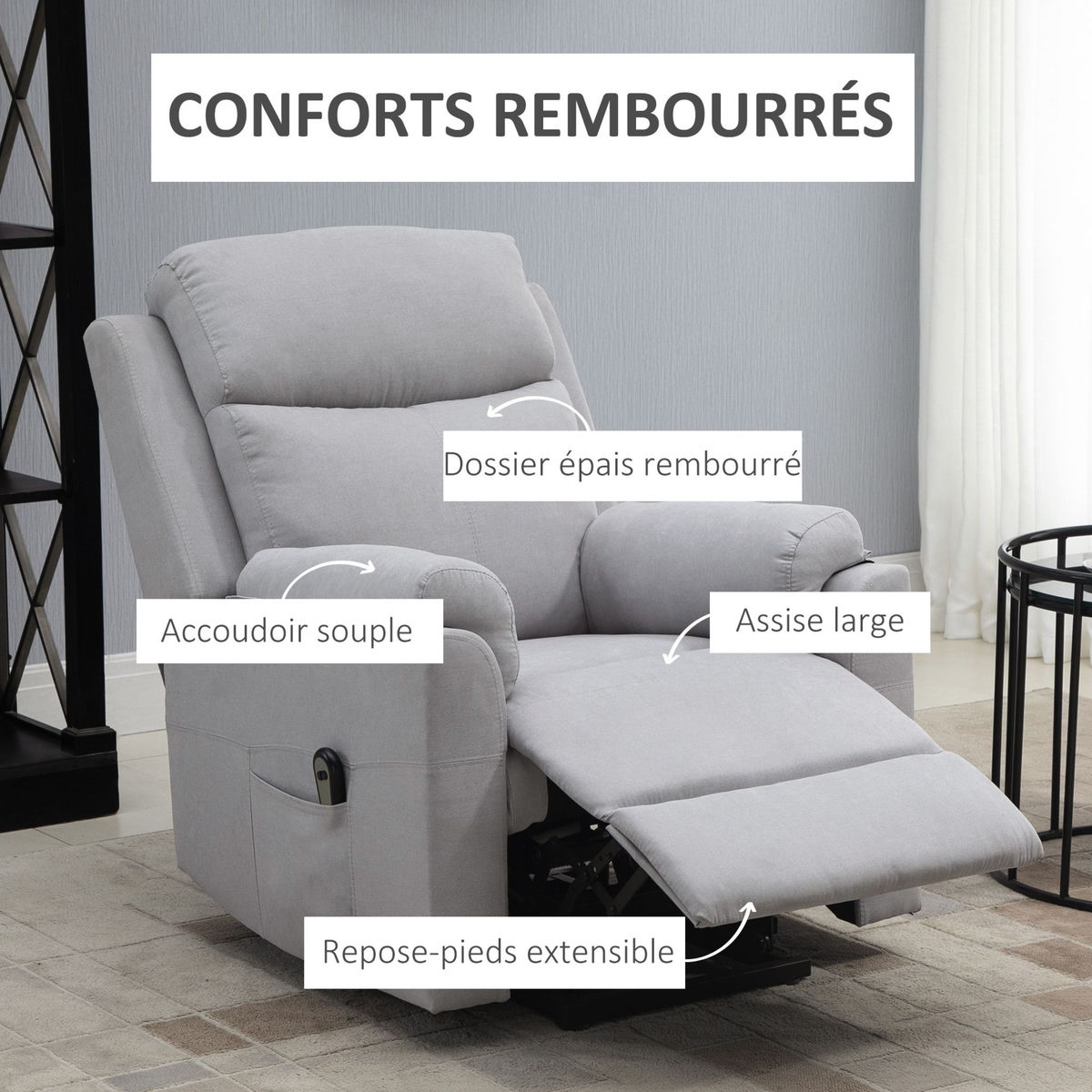 HOMCOM Fauteuil de relaxation électrique - fauteuil releveur inclinable avec repose-pied ajustable et télécommande - tissu aspect lin gris clair