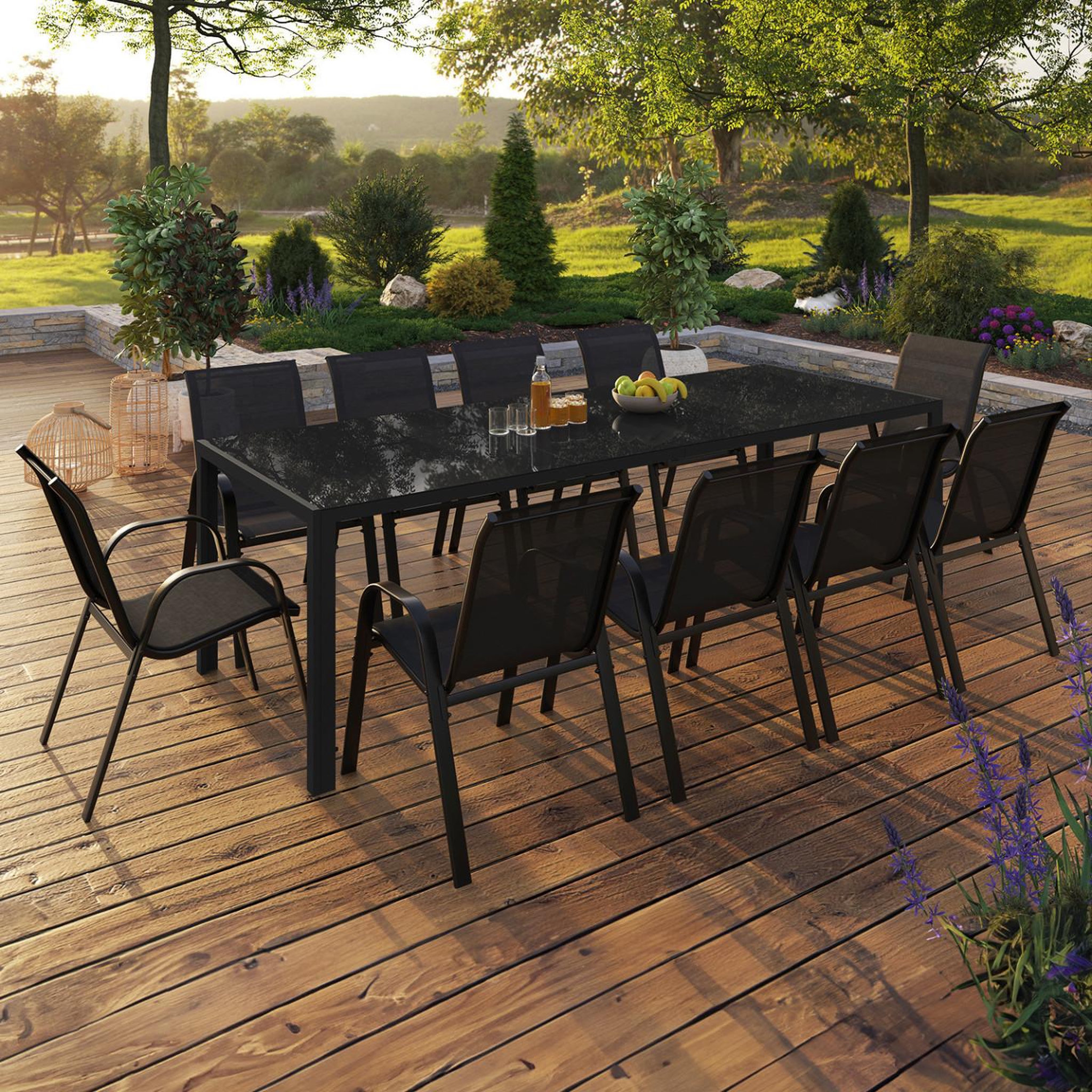 Voir la diapositive 2 : ID MARKET Salon de jardin madrid table 240 cm et 10 chaises empilables noir