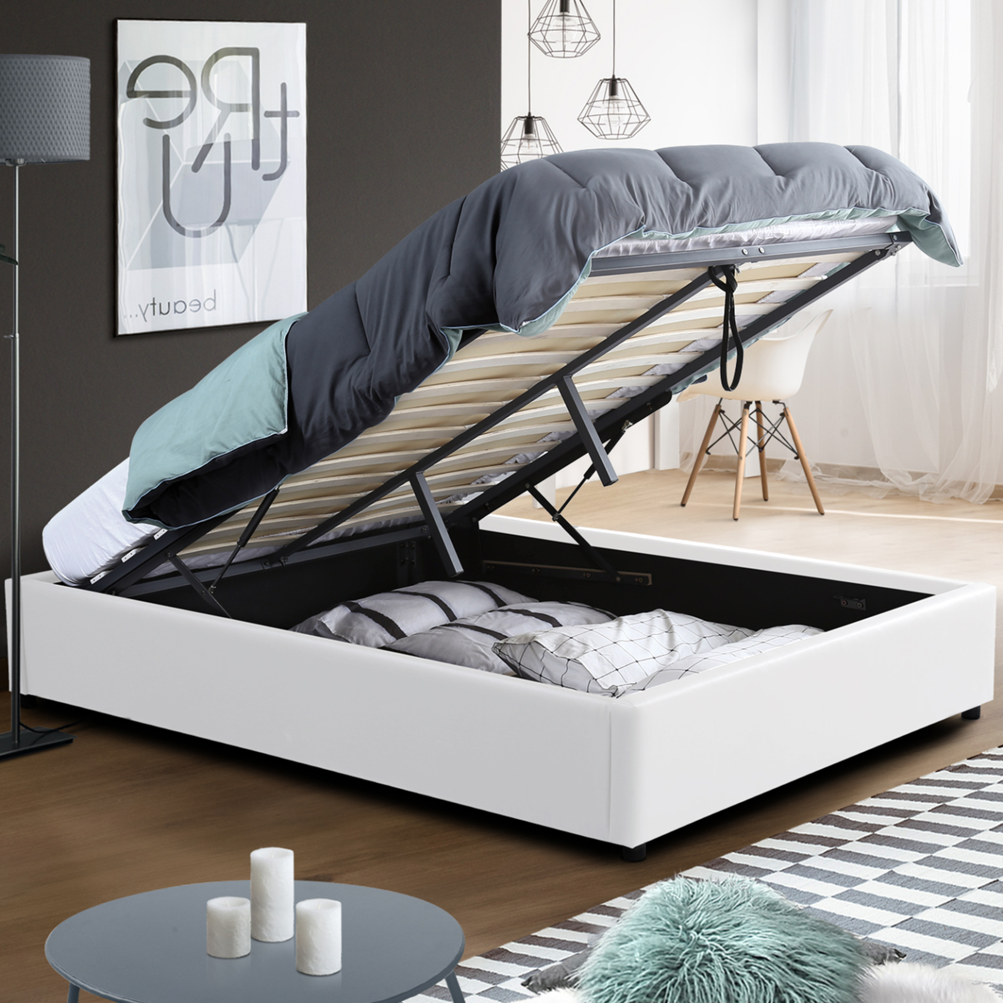 Voir la diapositive 2 : ID MARKET Lit coffre double miami avec sommier 140 x 190 cm pvc blanc