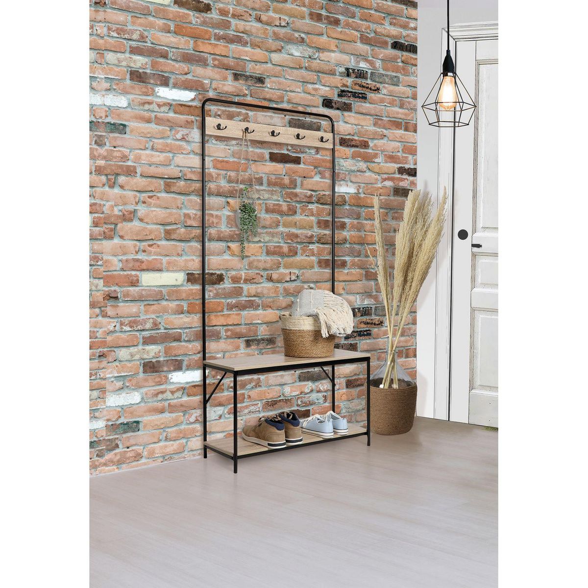 TOILINUX Porte-manteau Friends en MDF et Métal 5 accroches - L.80 cm x H.170 cm - Beige et Noir