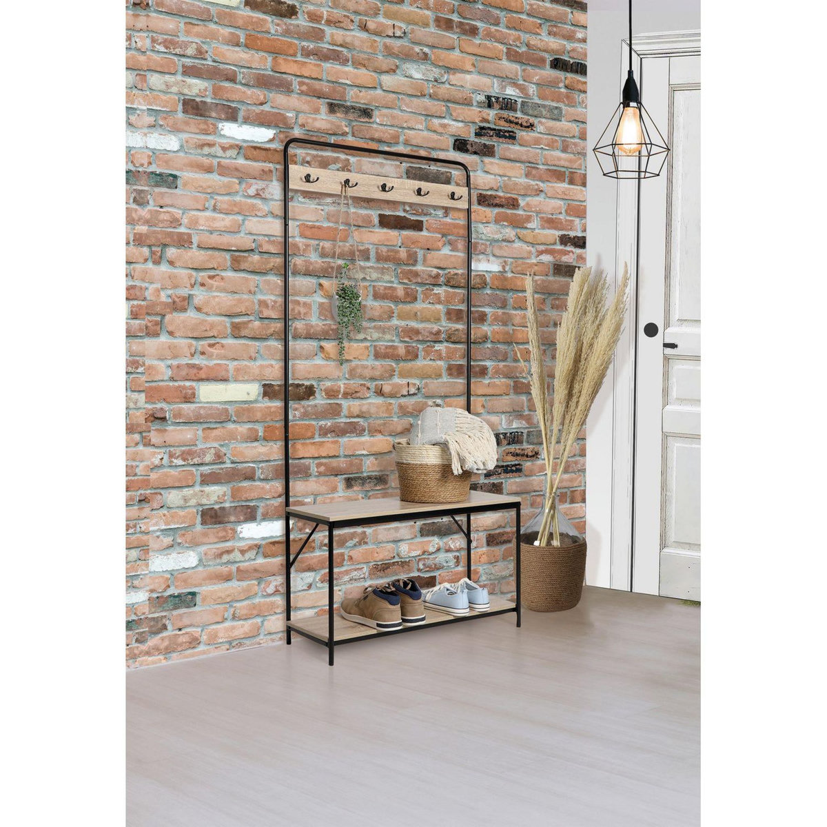 TOILINUX Porte-manteau Friends en MDF et Métal 5 accroches - L.80 cm x H.170 cm - Beige et Noir