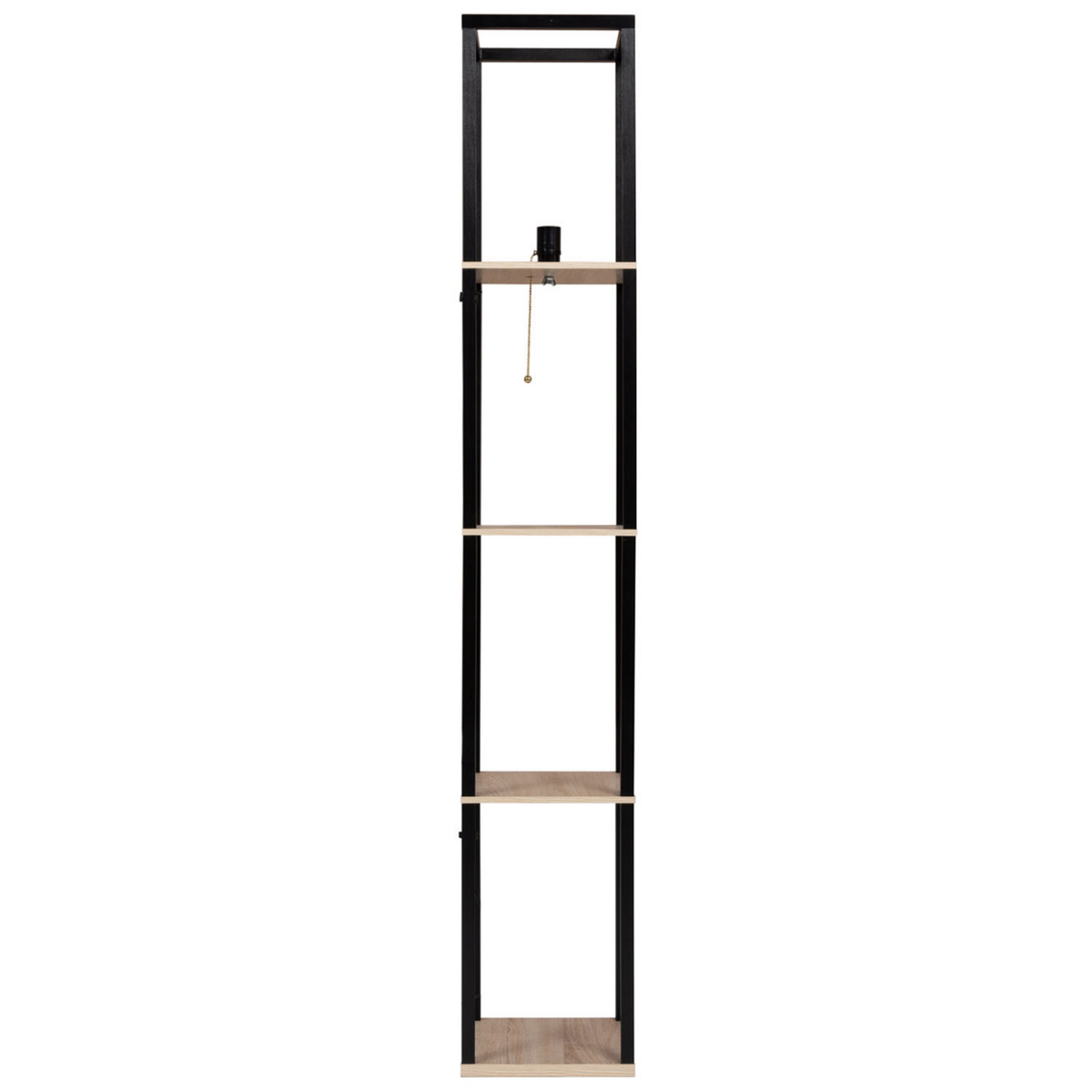 ID MARKET Lampadaire industriel en bois noir avec étagères en bois clair et abat-jour carré blanc