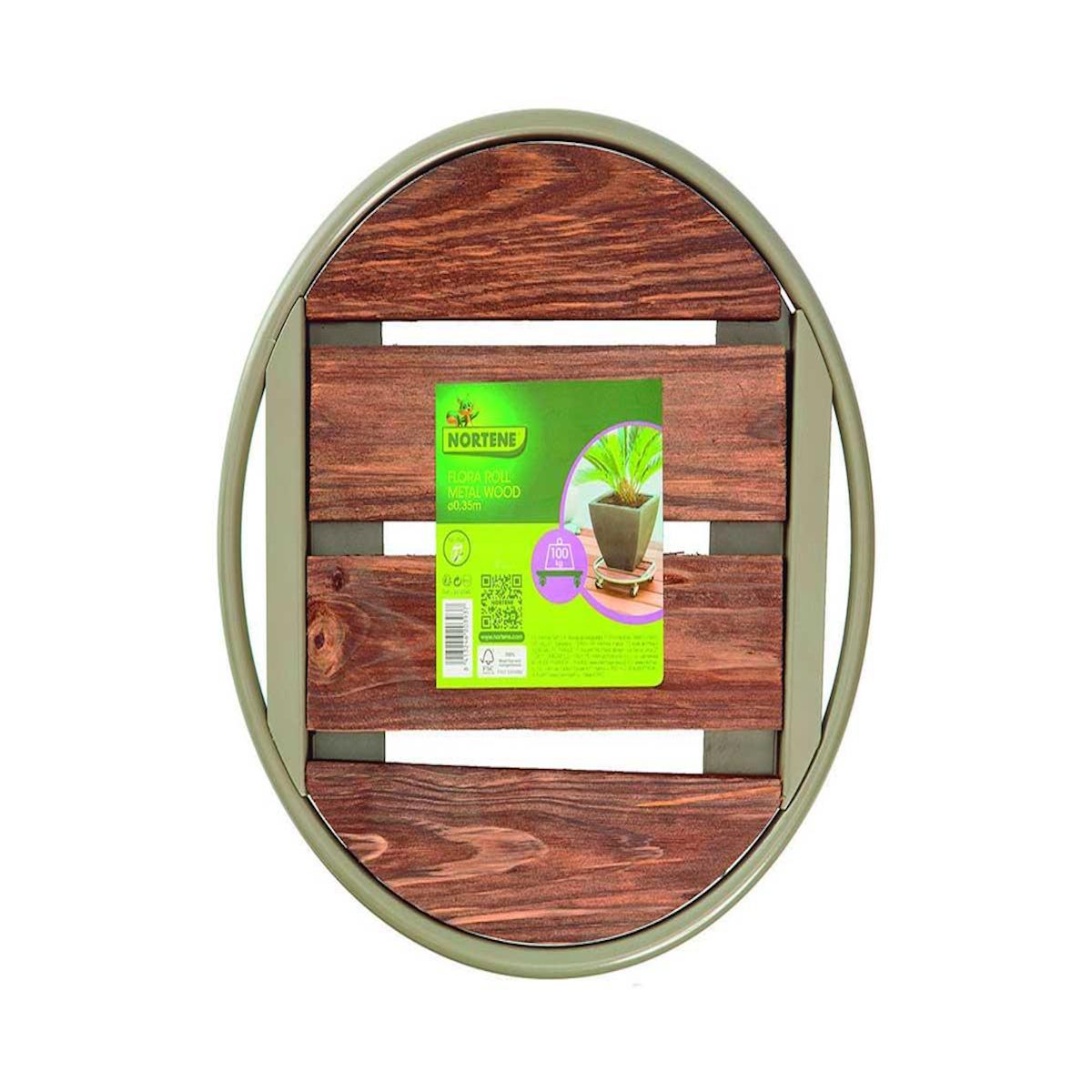 Nortene Support à roulettes bois FSC sur structure métal FLORA ROLL METAL WOOD - Gris - Ø 35 cm