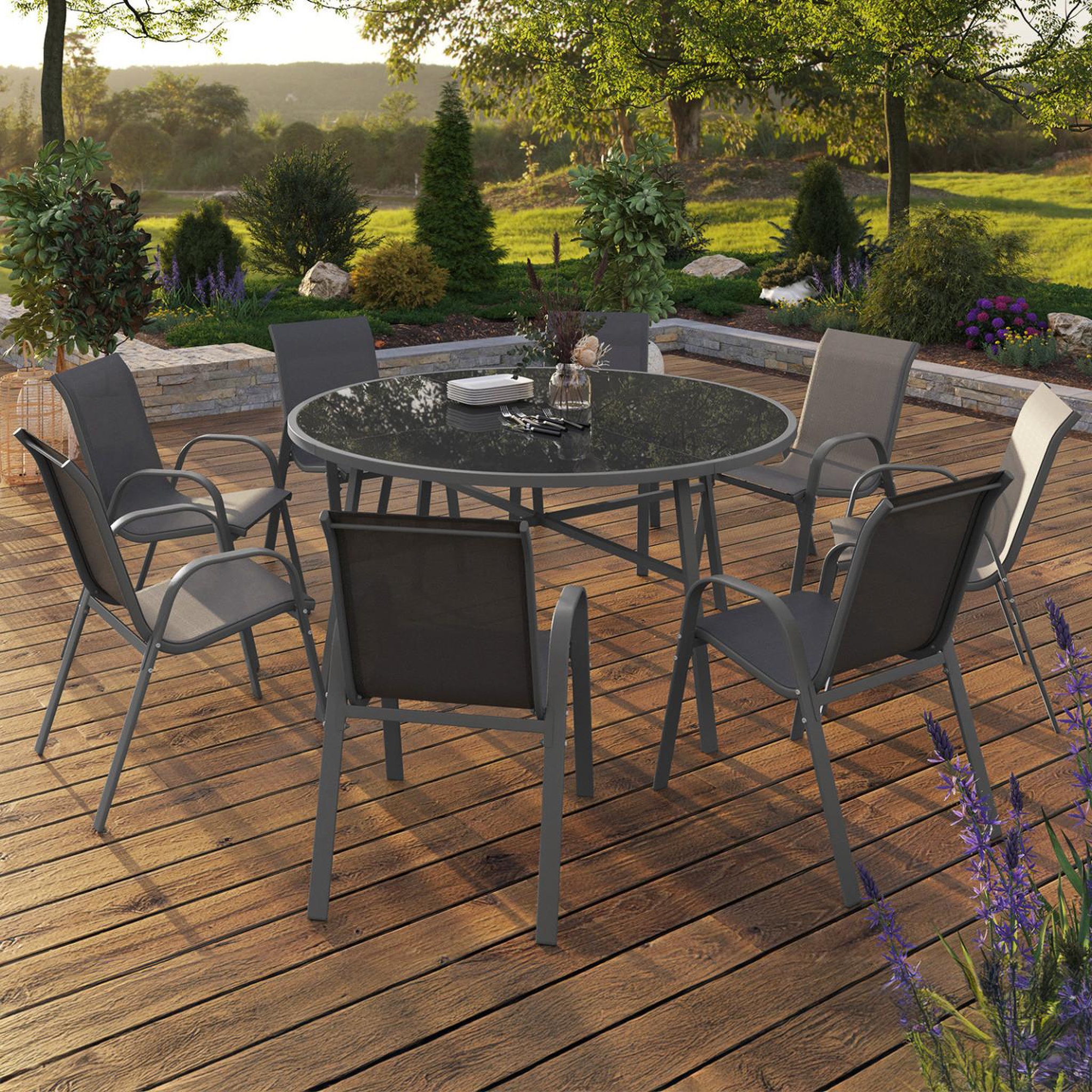 Voir la diapositive 2 : ID MARKET Salon de jardin MADRID table ronde 150 CM et 8 chaises empilables gris anthracite