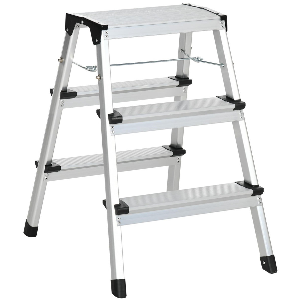 HOMCOM Marchepied escabeau double pliant antidérapant 3 marches hauteur max. 60 cm charge max. 150 Kg acier alu.