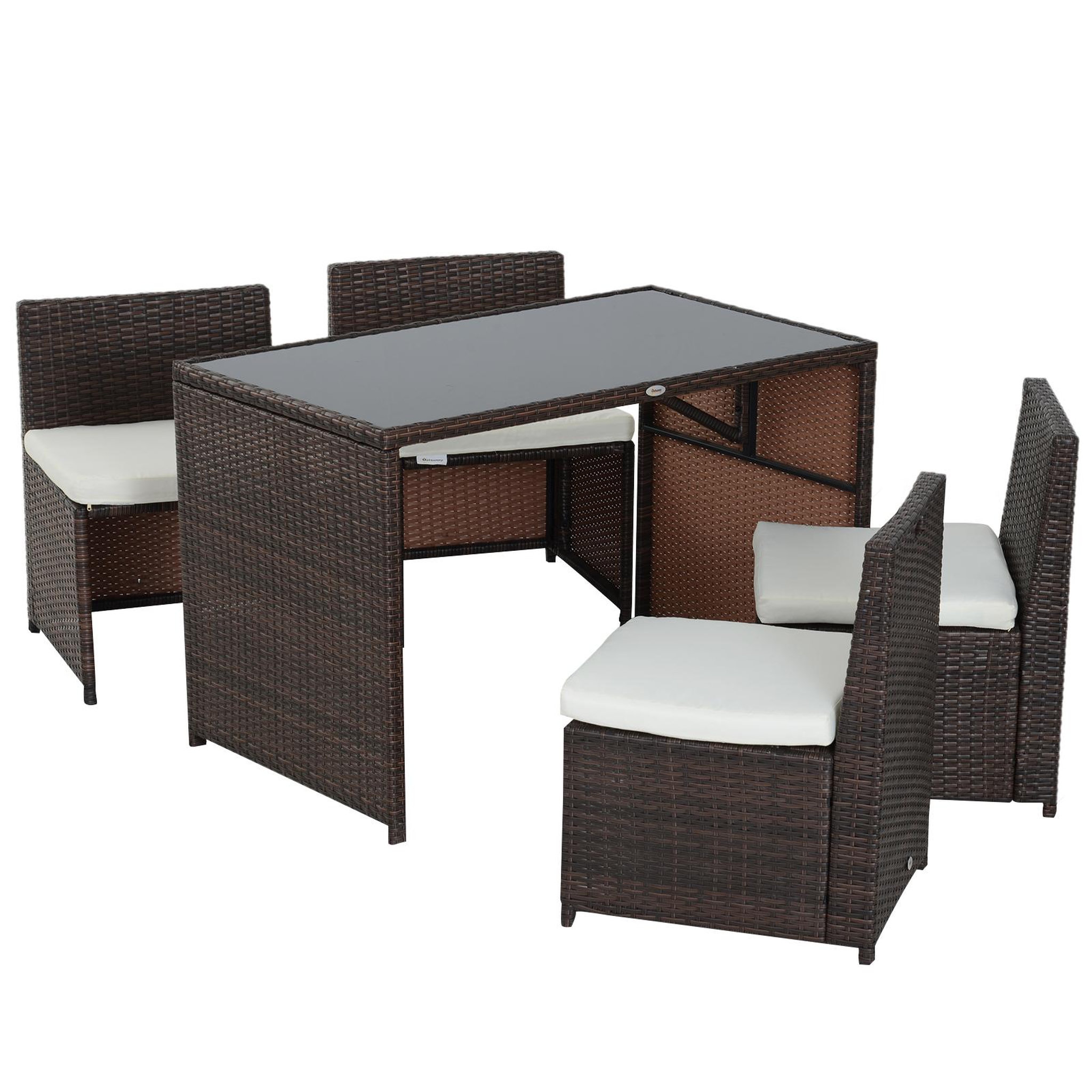 OUTSUNNY Ensemble salon de jardin encastrable 4 chaises monoblocs avec coussins déhoussables et table résine tressée chocolat