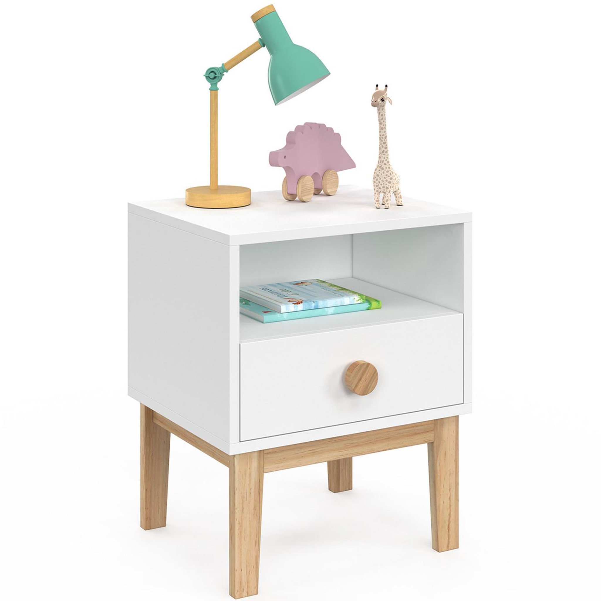 ID MARKET Table de chevet enfant jacob 1 tiroir + 1 niche blanc et bois