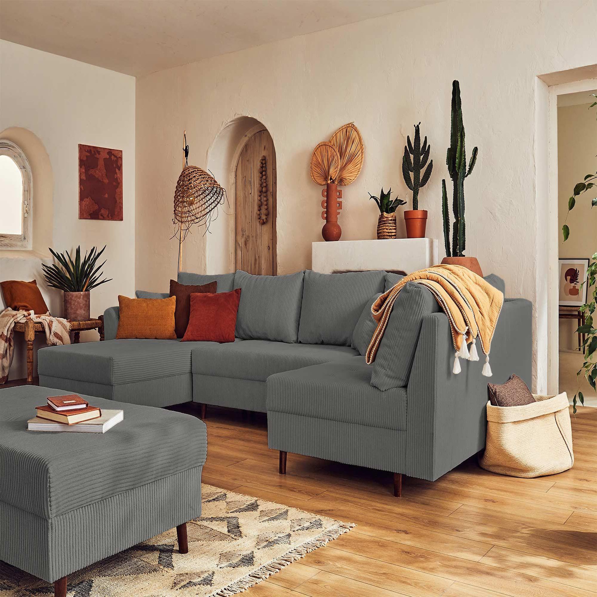 Voir la diapositive 2 : BEST MOBILIER Rune - canapé panoramique d'angle droit - 7 places - avec pouf d'appoint - en velours côtelé