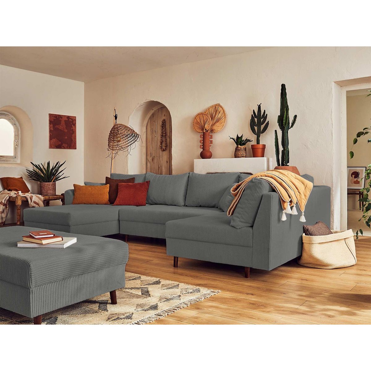 LISA DESIGN Rune - canapé panoramique d'angle droit - 7 places - avec pouf d'appoint - en velours côtelé