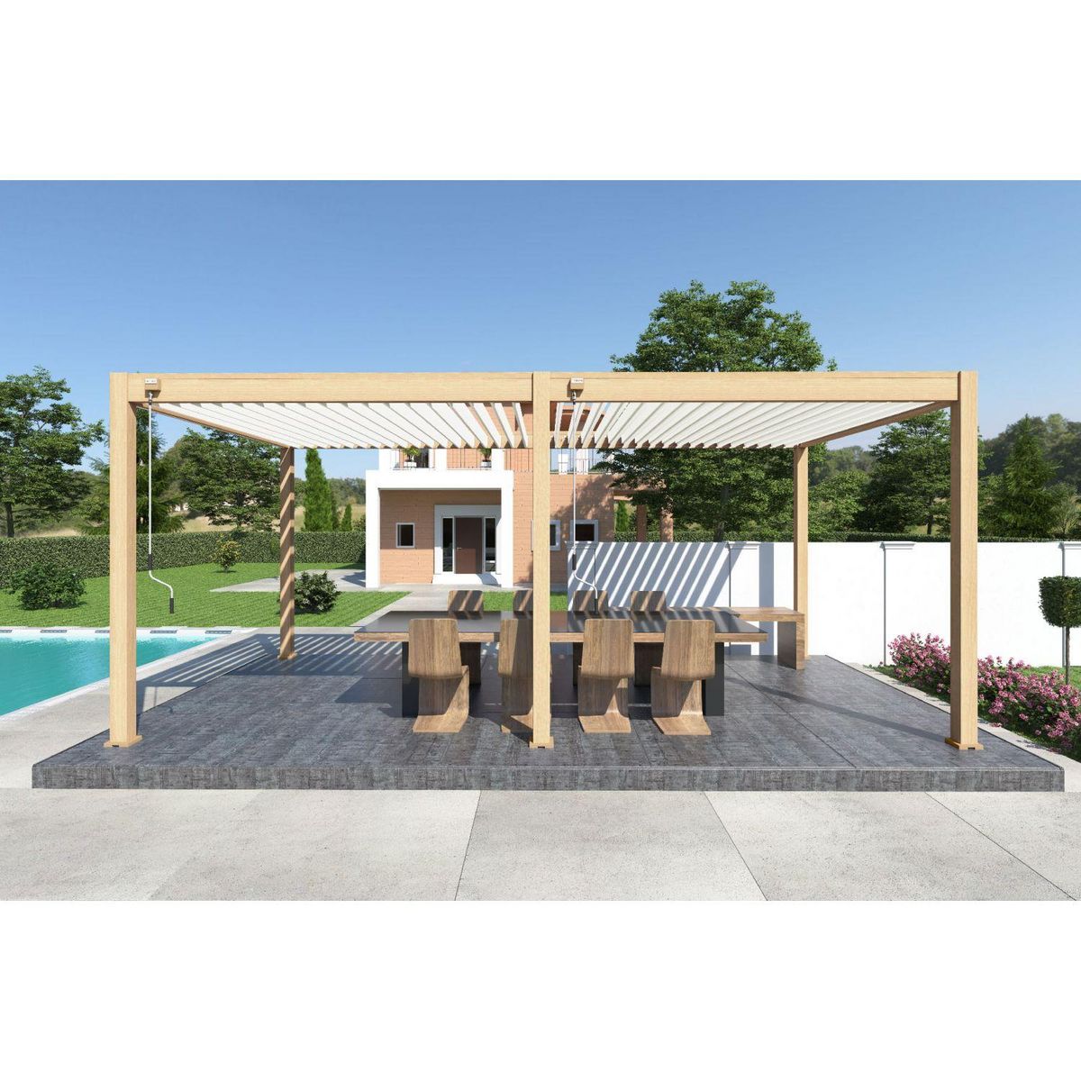 Pergola Bioclimatique autoportée 3x6 m - Aluminium - Effet  bois naturel/blanc -  VS OmBREA®