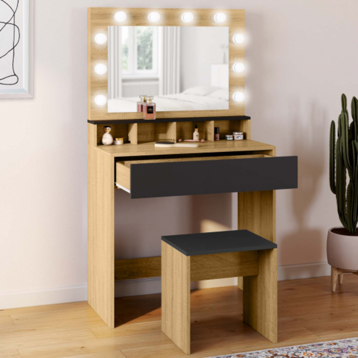 ID MARKET Coiffeuse ZELIA hêtre et noir miroir LED avec 4 niches, 1 tiroir et tabouret