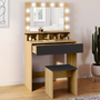 Voir la diapositive 2 : ID MARKET Coiffeuse ZELIA hêtre et noir miroir LED avec 4 niches, 1 tiroir et tabouret