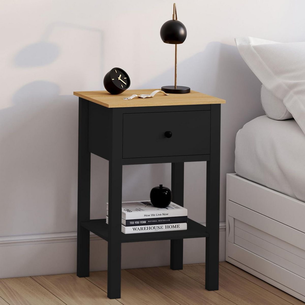 ID MARKET Lot de 2 tables de chevet ACHILLE 1 tiroir et 1 tablette noir et bois