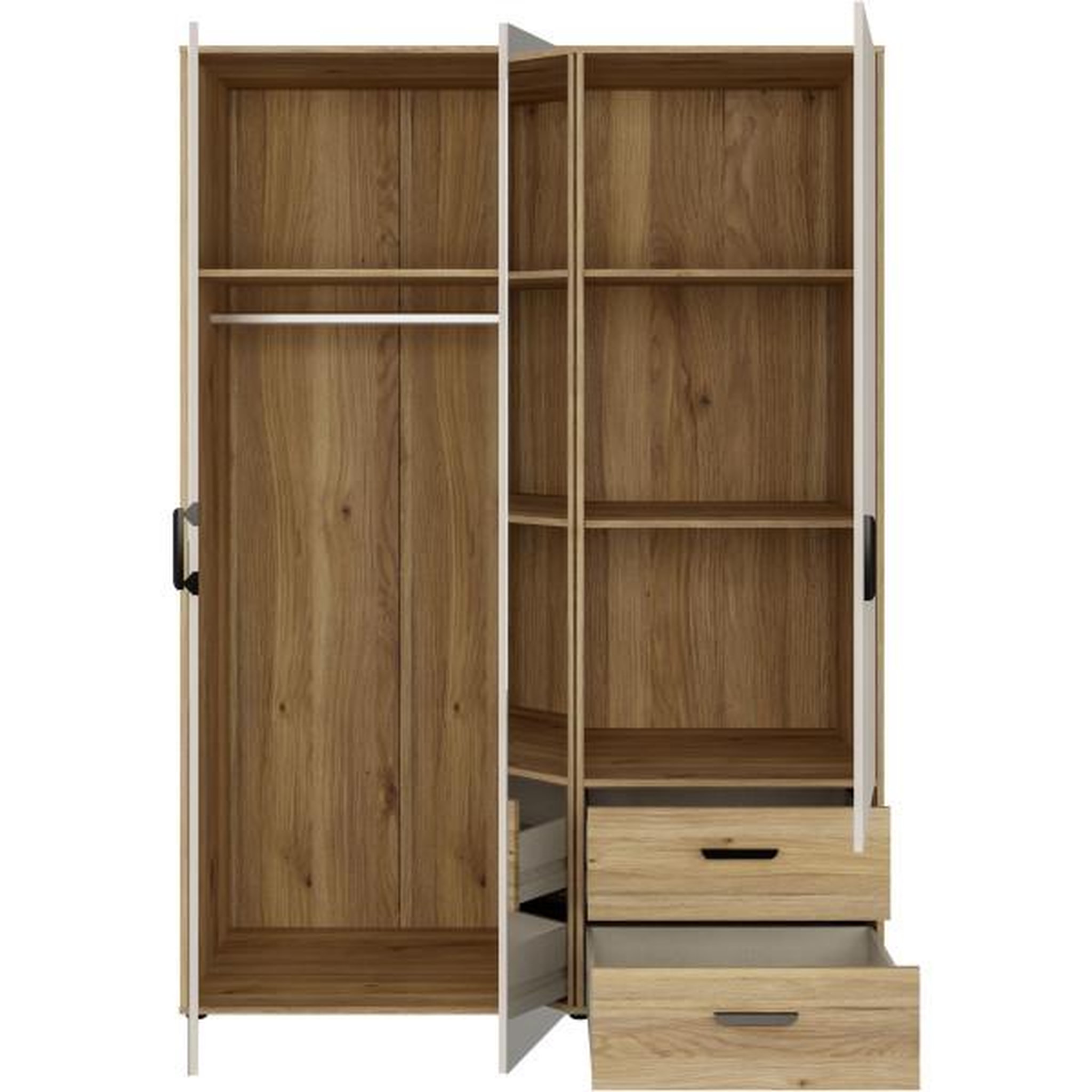 Voir la diapositive 5 : MARKET24 Armoire de chambre - MOKKARO - Décor Chene et sable - 3 portes battantes - 2 tiroirs - 2 miroirs - L144,4 x P52,7 x H200cm