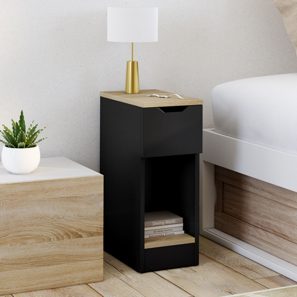 ID MARKET Lot de 2 tables de chevet ANOUK 1 tiroir avec niche noir et bois