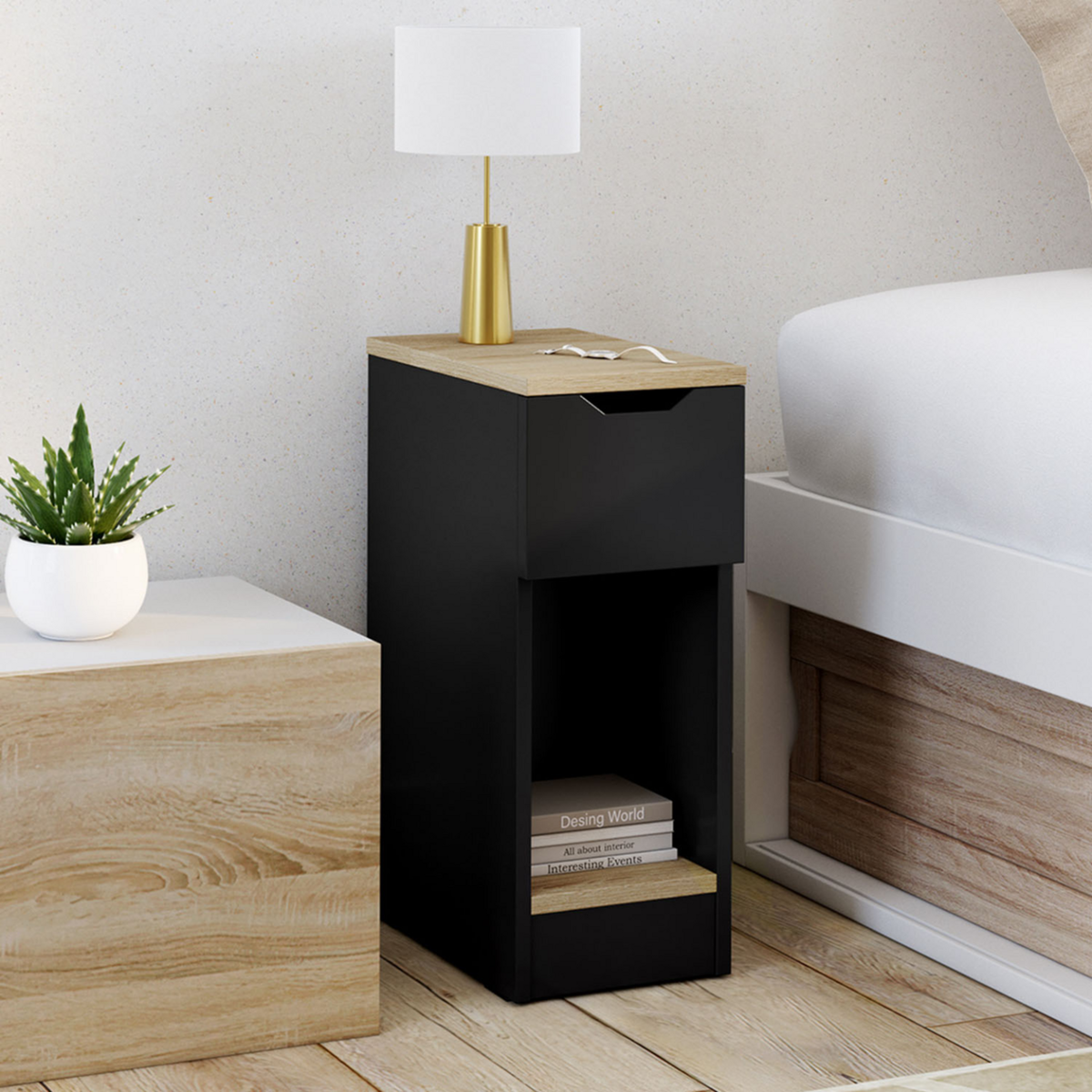 ID MARKET Lot de 2 tables de chevet ANOUK 1 tiroir avec niche noir et bois