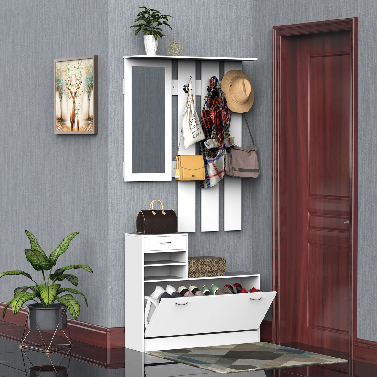 HOMCOM Ensemble de meubles d'entrée design contemporain : meuble chaussures, miroir et panneau porte-manteau panneaux de particules blanc