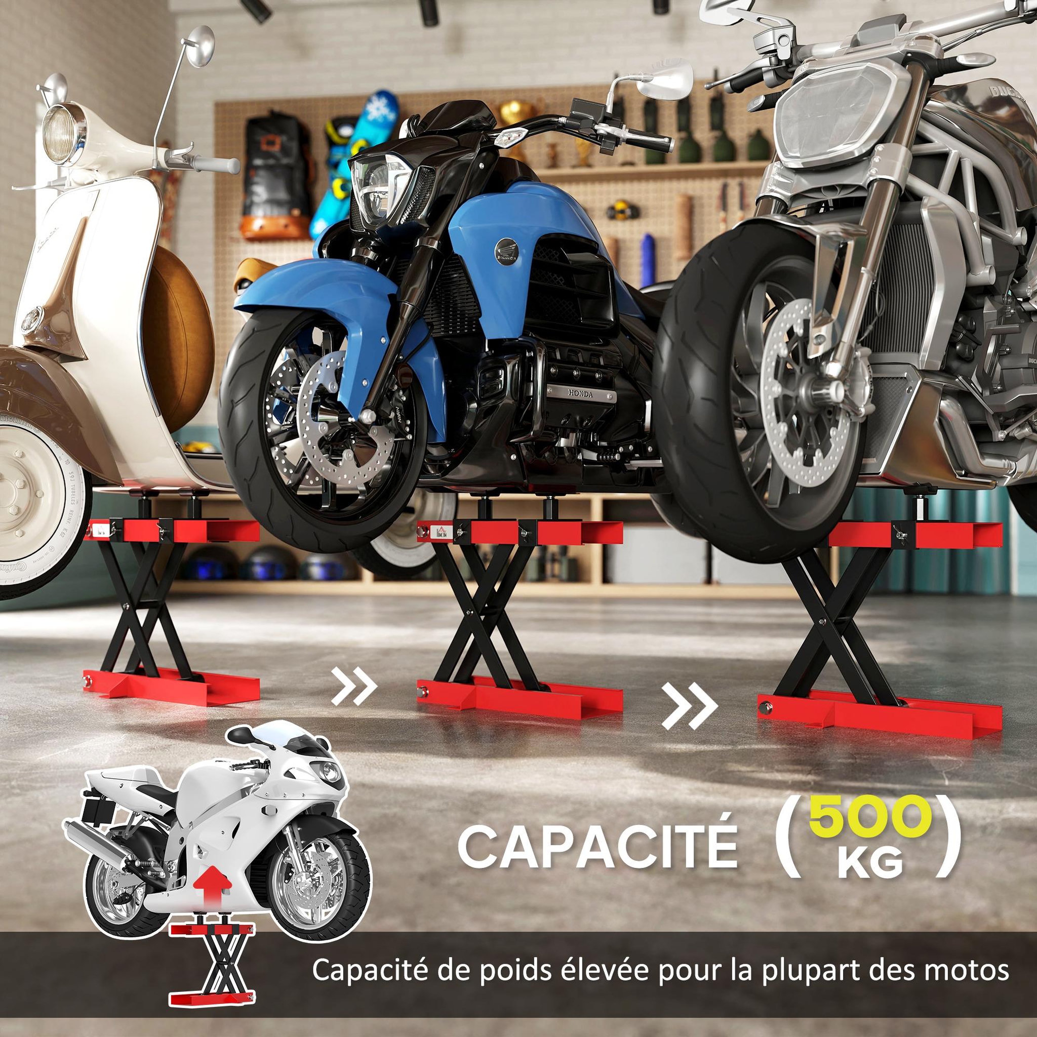 Voir la diapositive 4 : HOMCOM Support béquille de moto arrière lève moto arrière hauteur de levage 9,5-40 cm 500 Kg max. acier rouge noir